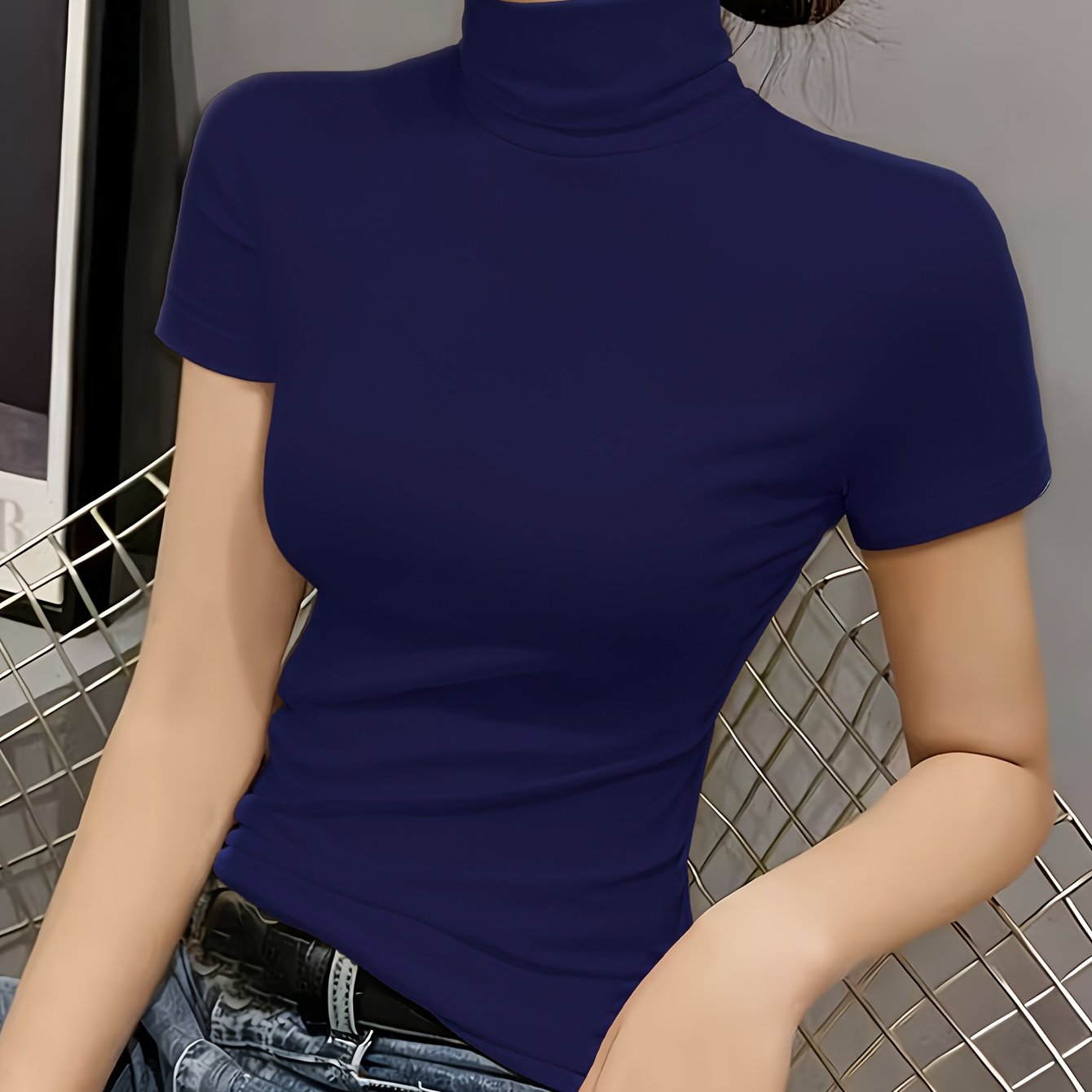TEMU Women' High-neck Short Sleeve T-shirt, Slim Fit And Temperament, Fashionable And Elegant, Comfortable, Soft And Breathable, High-elastic