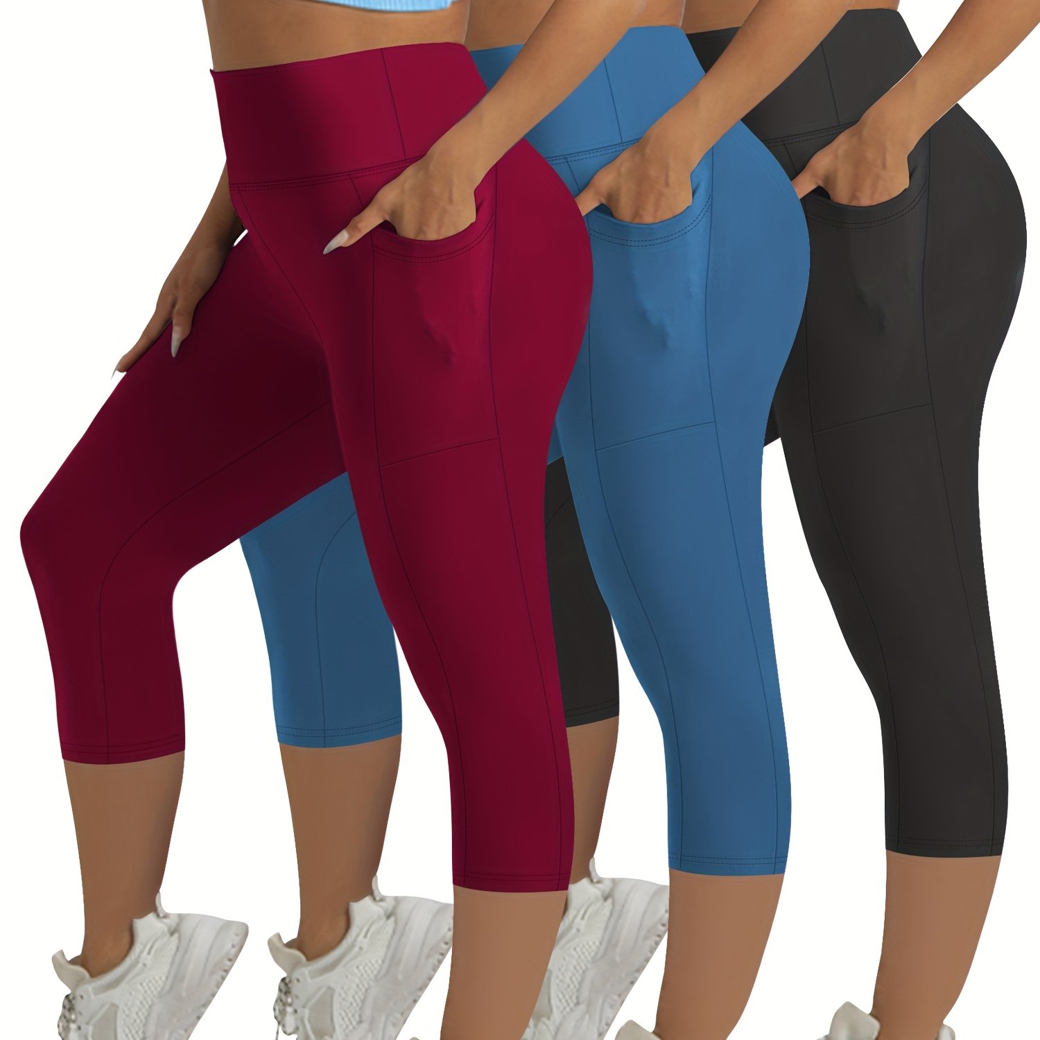 Image of Plus Size, 3-pack - Plus Size High-waisted Lifting Shaping Capri Pants With Side Pockets, Stretchy Fabric, Comfortable For,, - /summer/autumn Style