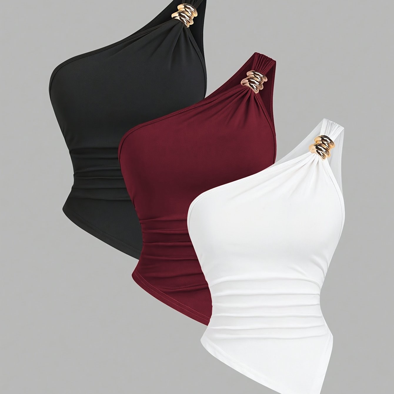TEMU Women' Color Minimalist Asymmetrical Neckline Top With Metal Button