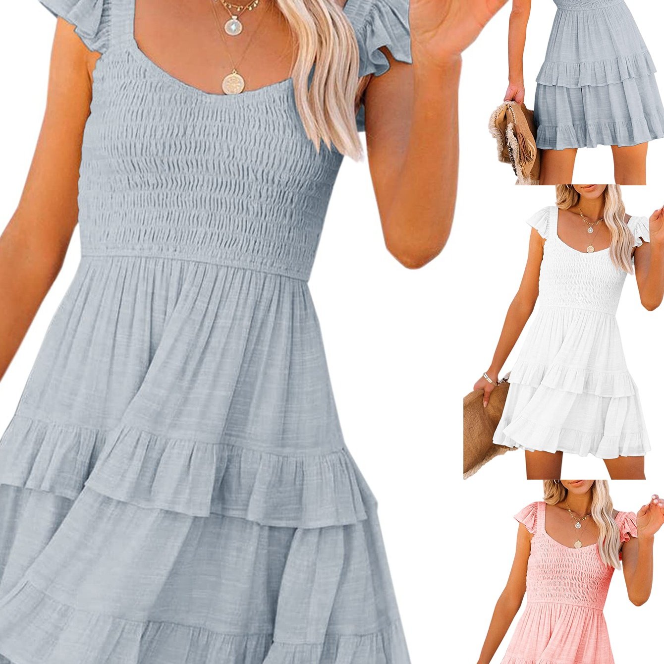 Image of Casual Bohemian Summer Dresses For Women Featuring Smocked Ruffles, Perfect For The Beach, Including Babydoll Mini Styles And Layered Flowy Swing Designs