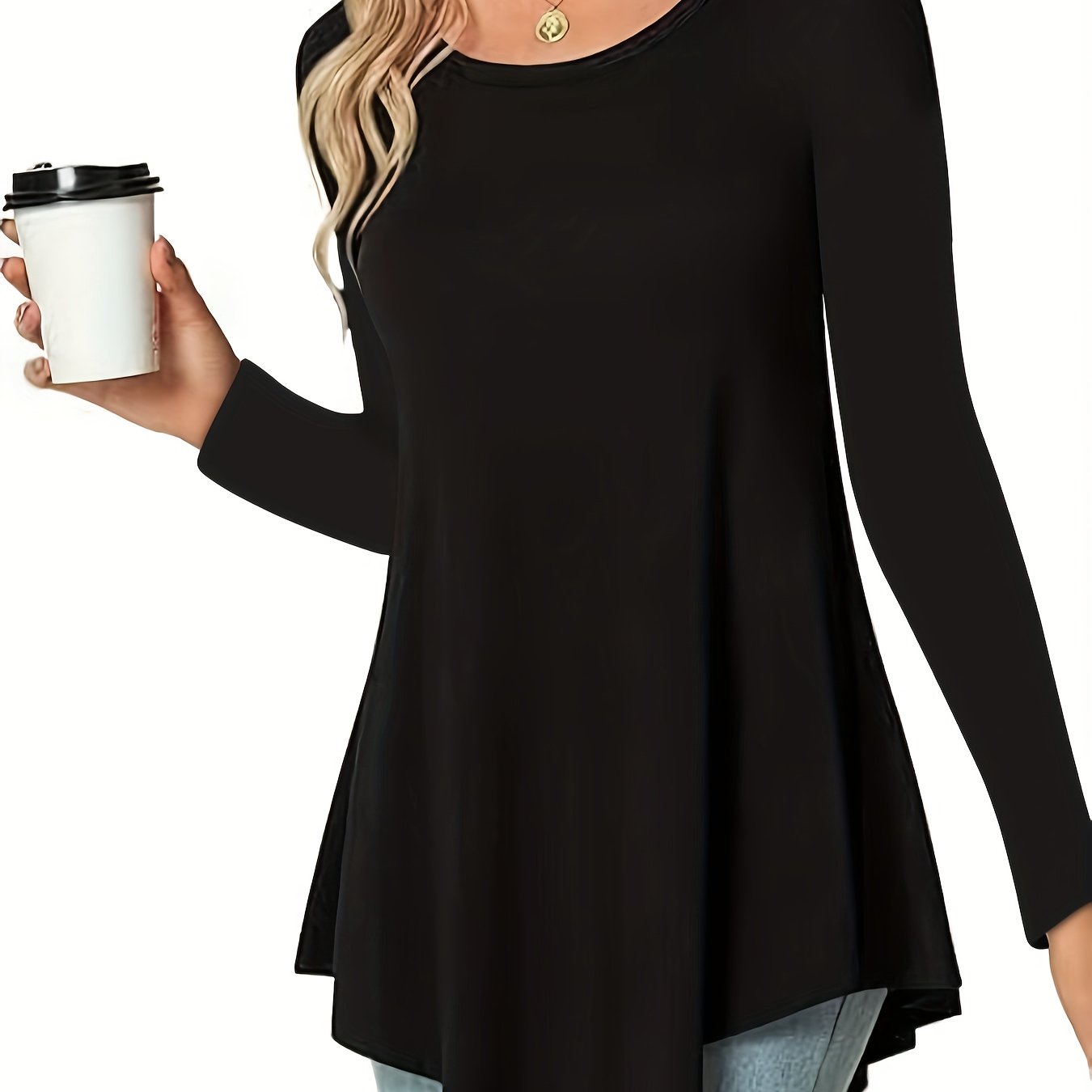 TEMU Asymmetrical Hem Crew Neck T-shirt, Elegant Long Sleeve T-shirt For Spring & Fall, Women's Clothing