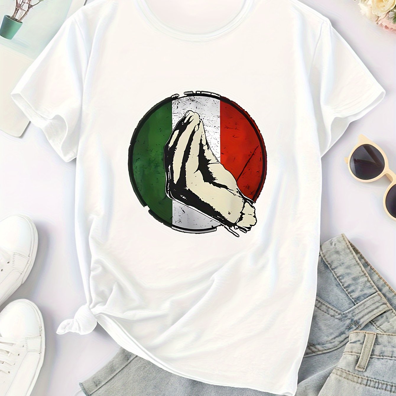 Image of Mexican Pattern Round Neck Casual T-shirt Short Sleeve Sports Top, Fashion/street Style Women's Wear