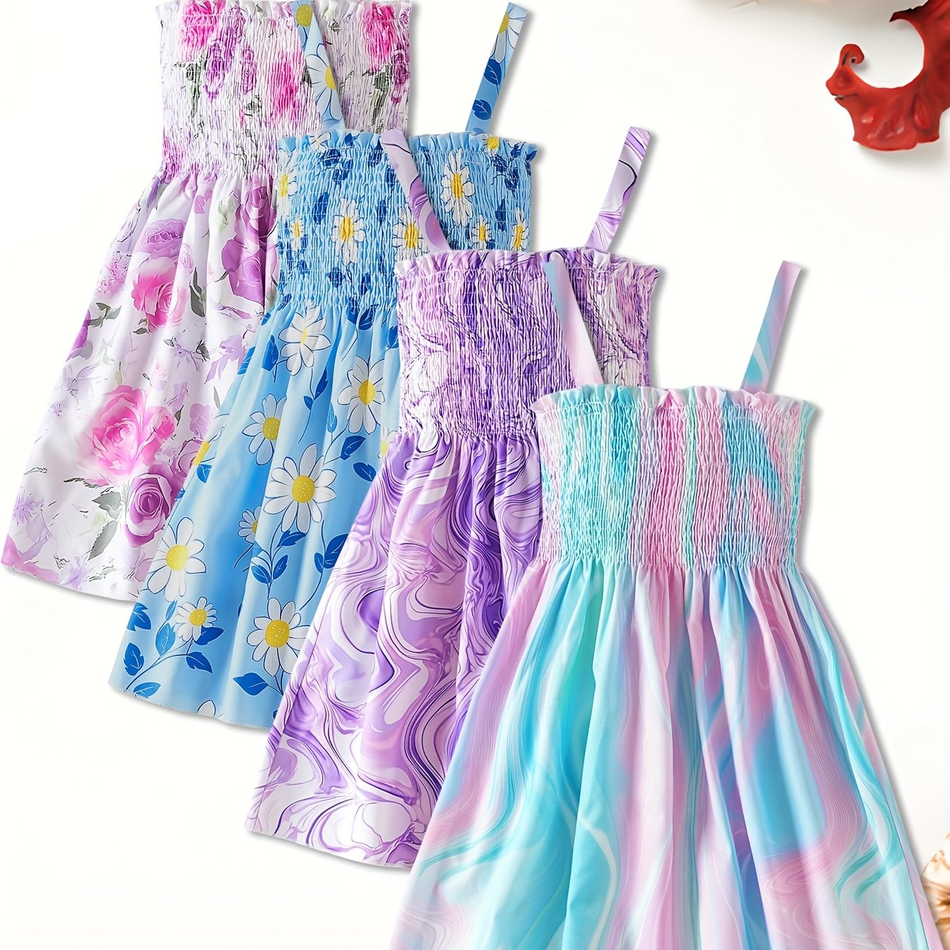 4-piece Set Children's Floral Print Skirt, Off-shoulder Princess Dress For Girls, New Summer Dresses