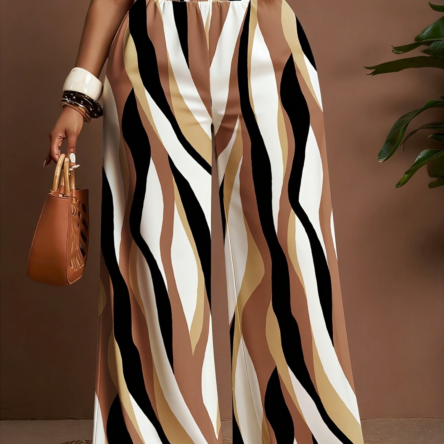 TEMU Pantalon et décontracté pour femmes rondes, taille élastique, de couleurs, coupe large, à tous , style palazzo élégant d'automne pour les