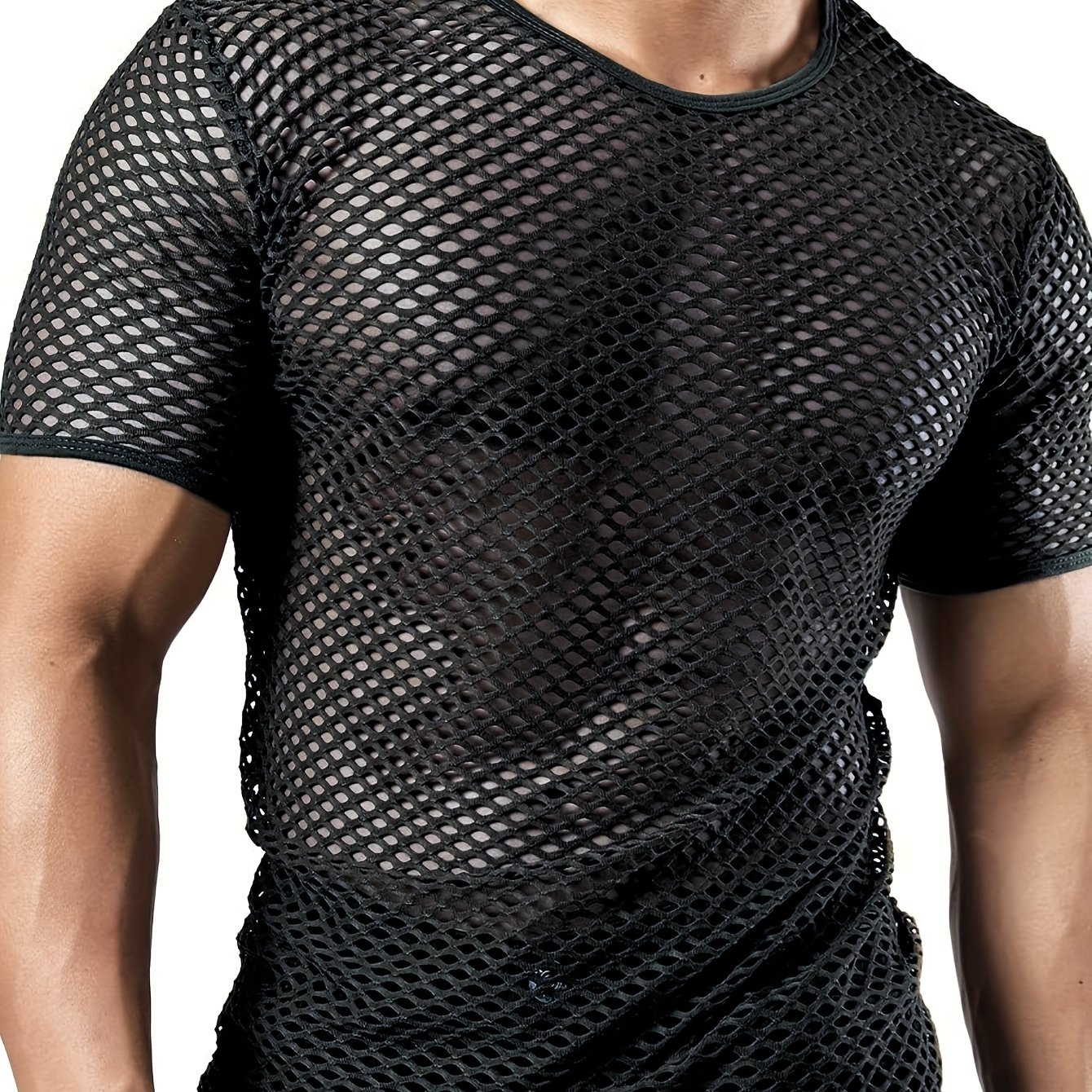 E-shop Herren durchsichtiges kurzärmeliges atmungsaktives Fischnetz--Shirt mit großen Maschenlöchern