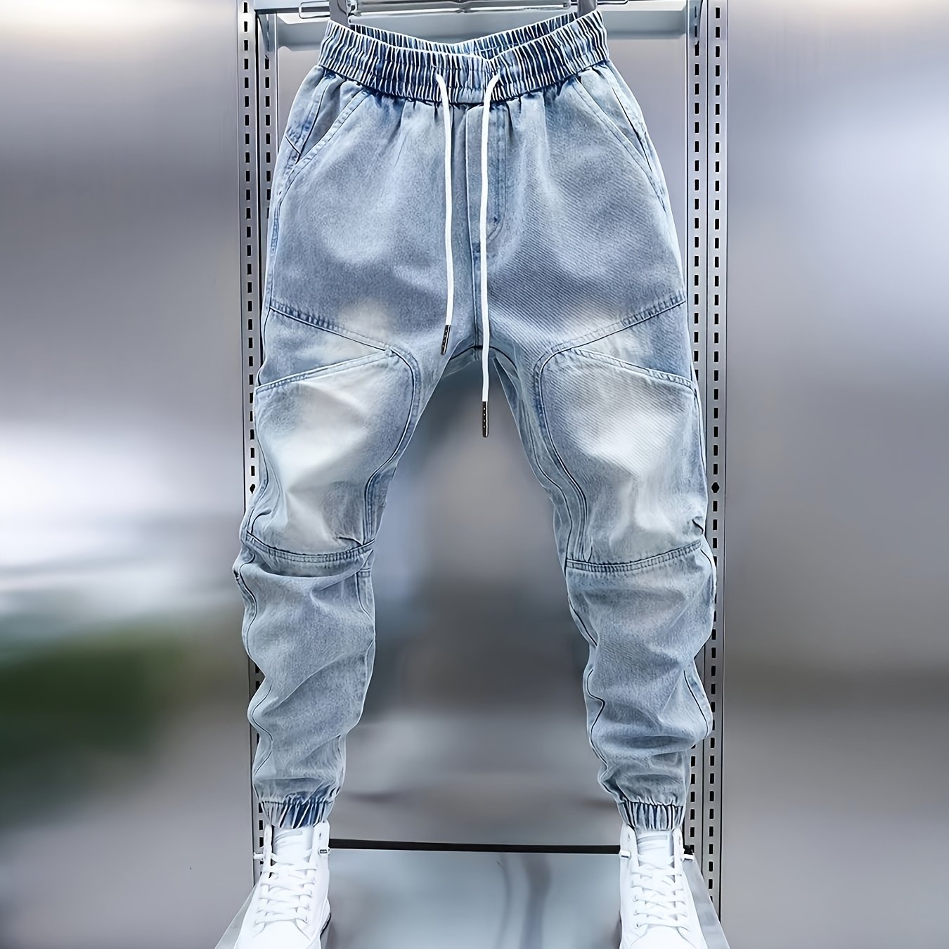 Men's Four-season Stretch Elastic Waist Drawstring Casual Jeans, Autumn Menswear