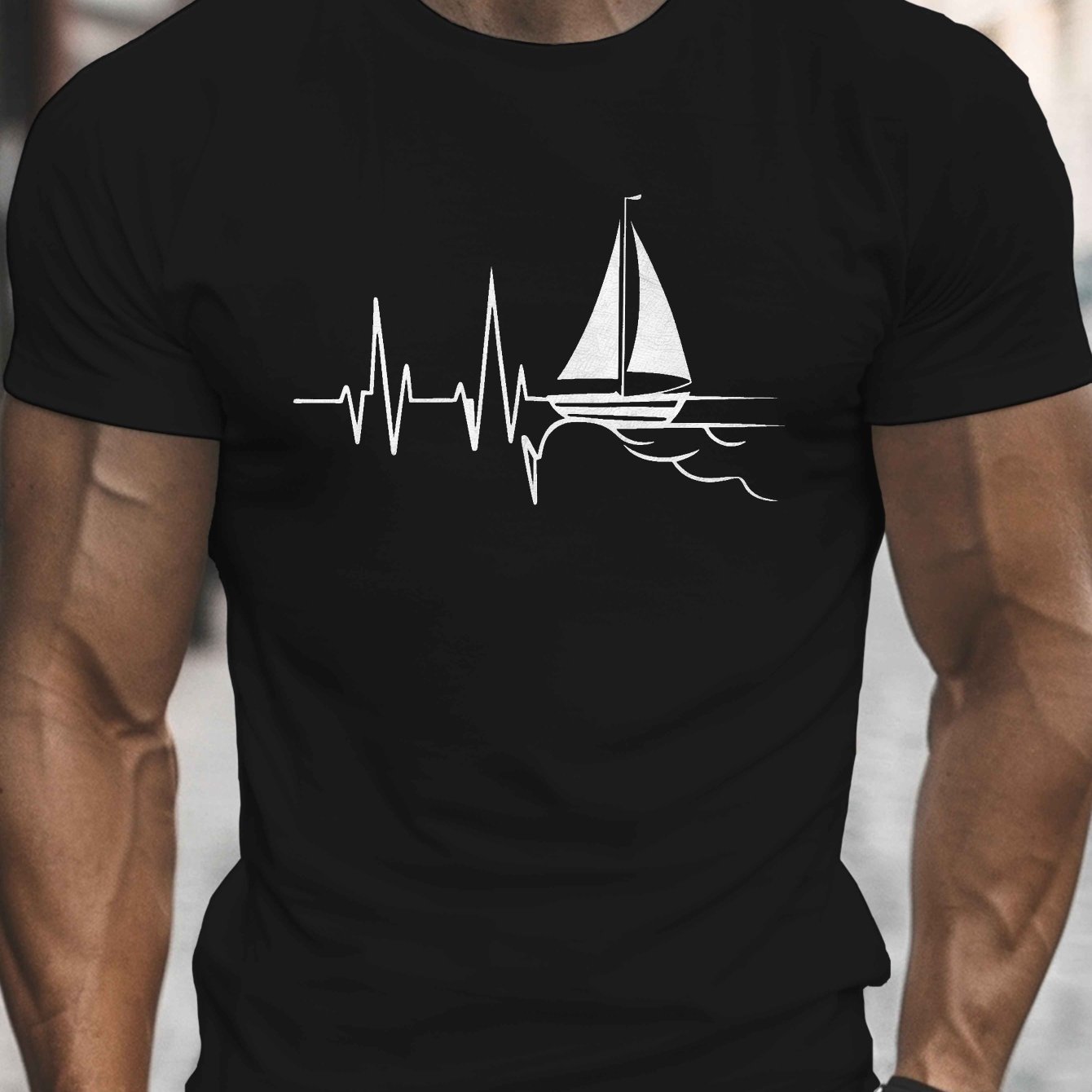 TEMU Men's Short-sleeve Round Neck T-shirt With Heartbeat Lines And Sailboat Prints, A Casual And Comfortable Lightweight Summer Top