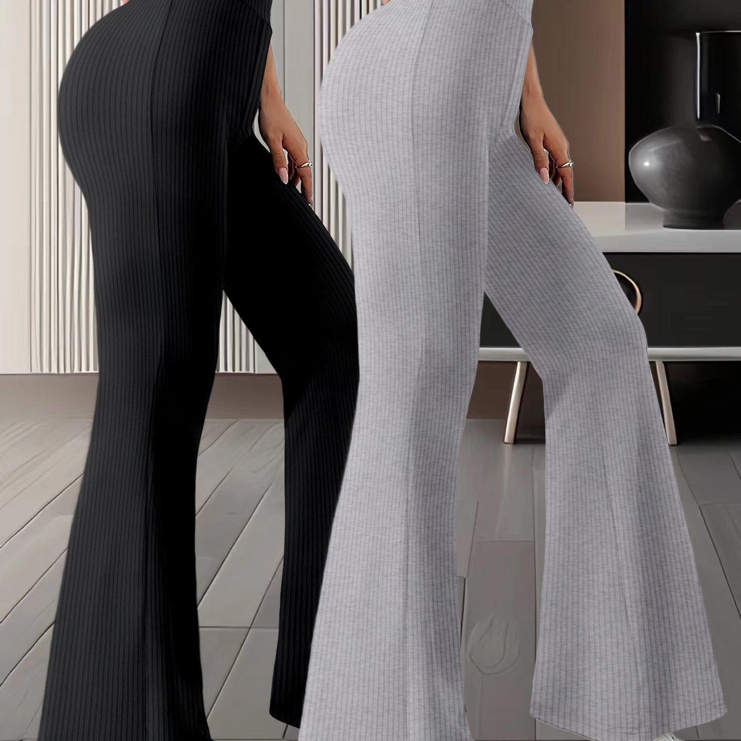 TEMU 2pack Women Solid Color High Waist Slim Fit Flare Leg Pants, Stretchy Pants, Versatile Casual Long Length Pants, Women's Clothing
