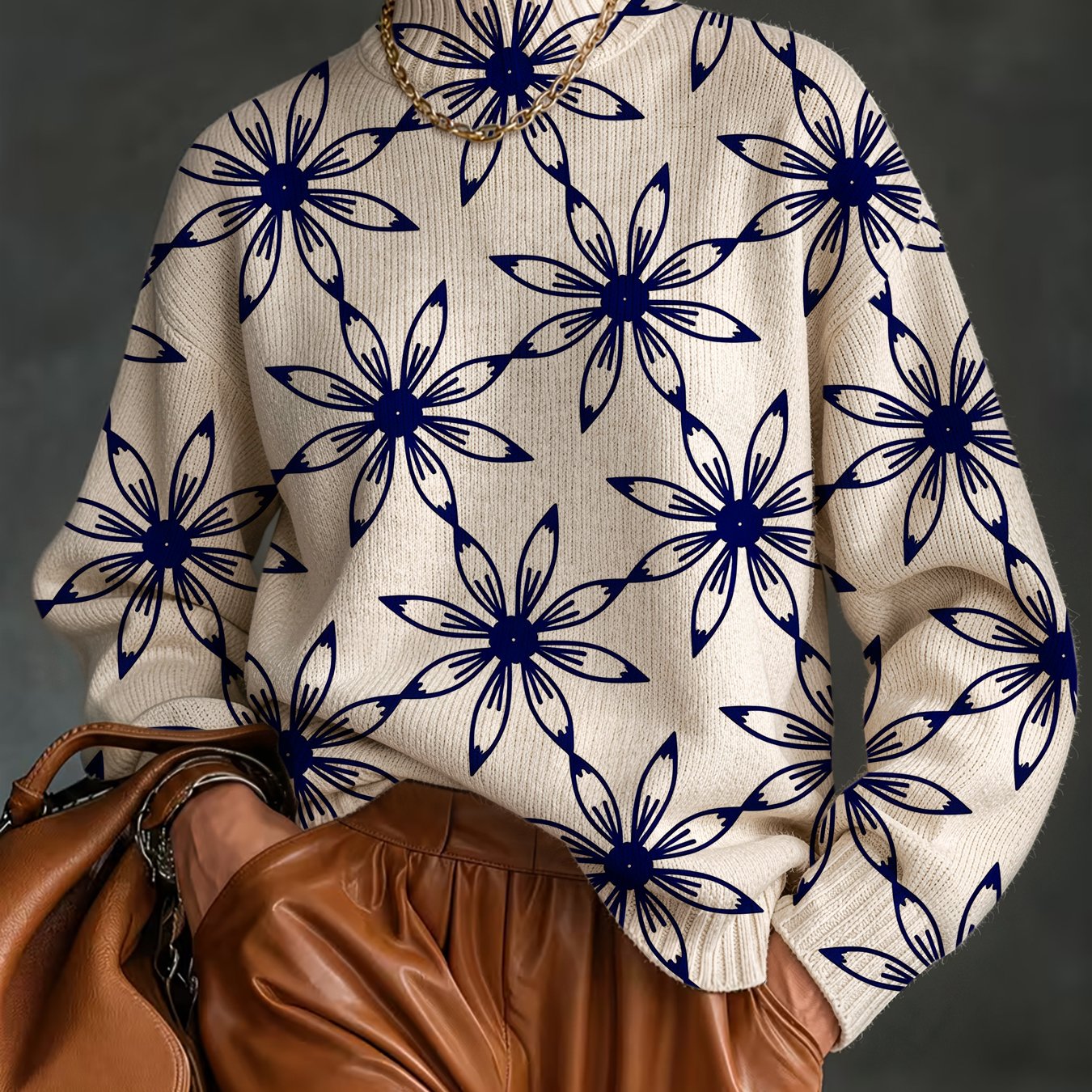 TEMU Trendy Women's Beautiful, Easy Pattern Printed Sweater, Autumn Winter Chimney Neck Warm Long Sleeve Sweater, Elegant And Versatile Pullover,