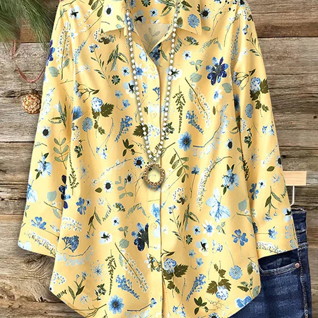 TEMU Women's Floral Print Shirt | Long Sleeve Button- Shirt With Turn- Collar, Fiber Fabric For Spring And Autumn Casual Travel
