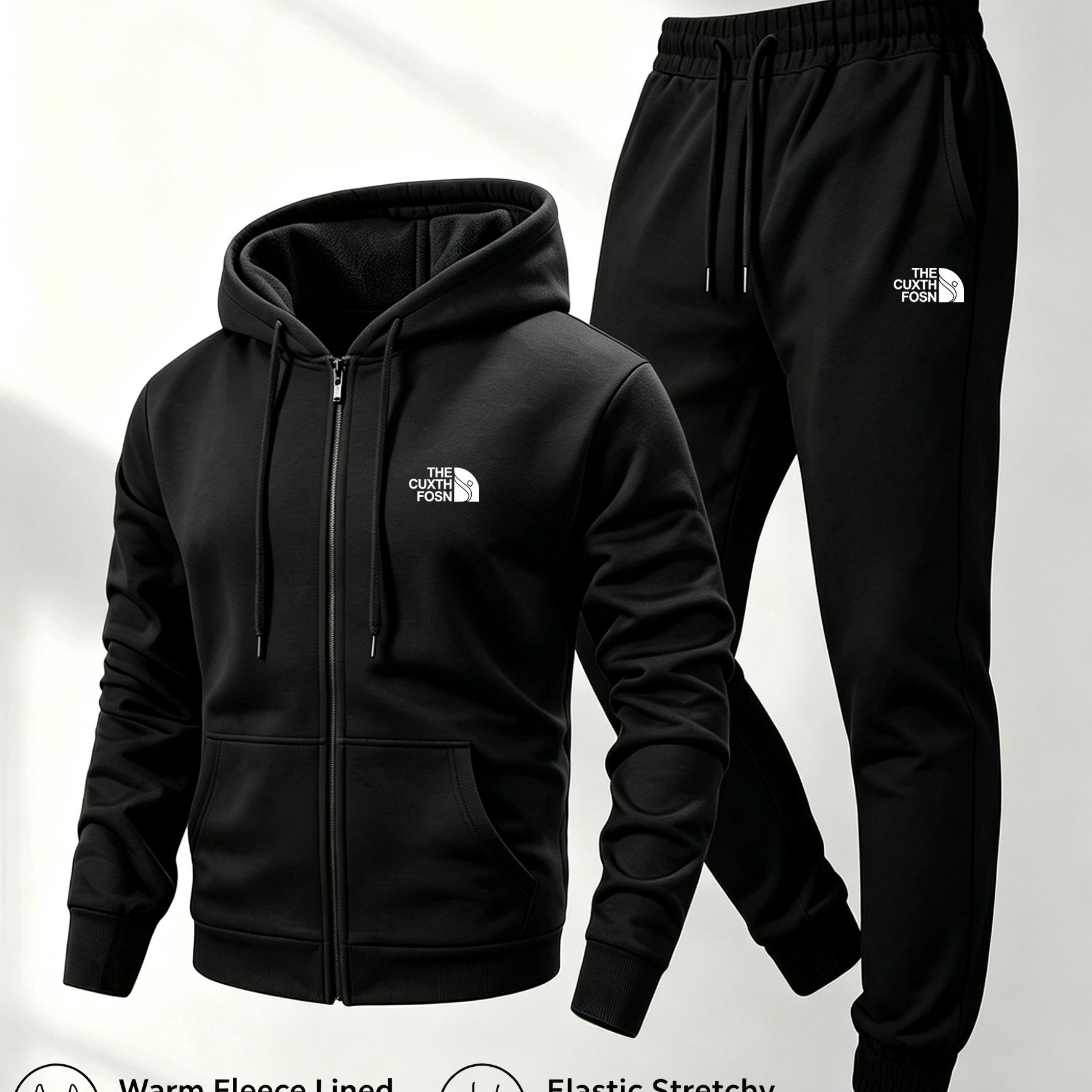 TEMU Men's Fleece-lined Zip-up Hoodie Jogger 2pcs Tracksuit, Warm Breathable, Minimal Graphic Print, Street Athleisure, Fall Winter, Relaxed Fit,