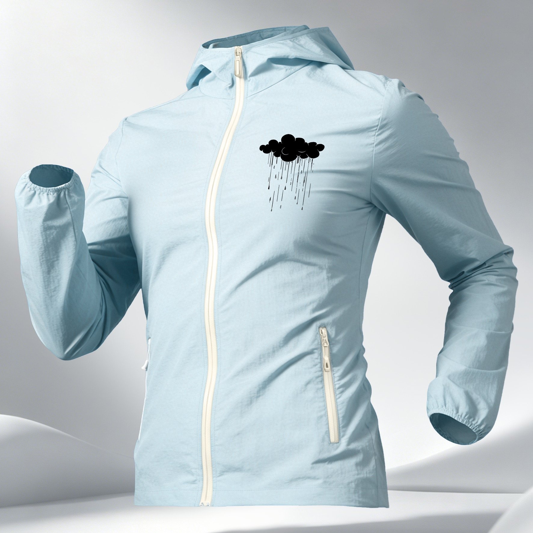 TEMU Rain Cloud Doodle Print Women's Summer Hooded Zipper Skin Coat Jacket 4 Colors Soft And Comfortable Skin-friendly Comfortable Loose Covering