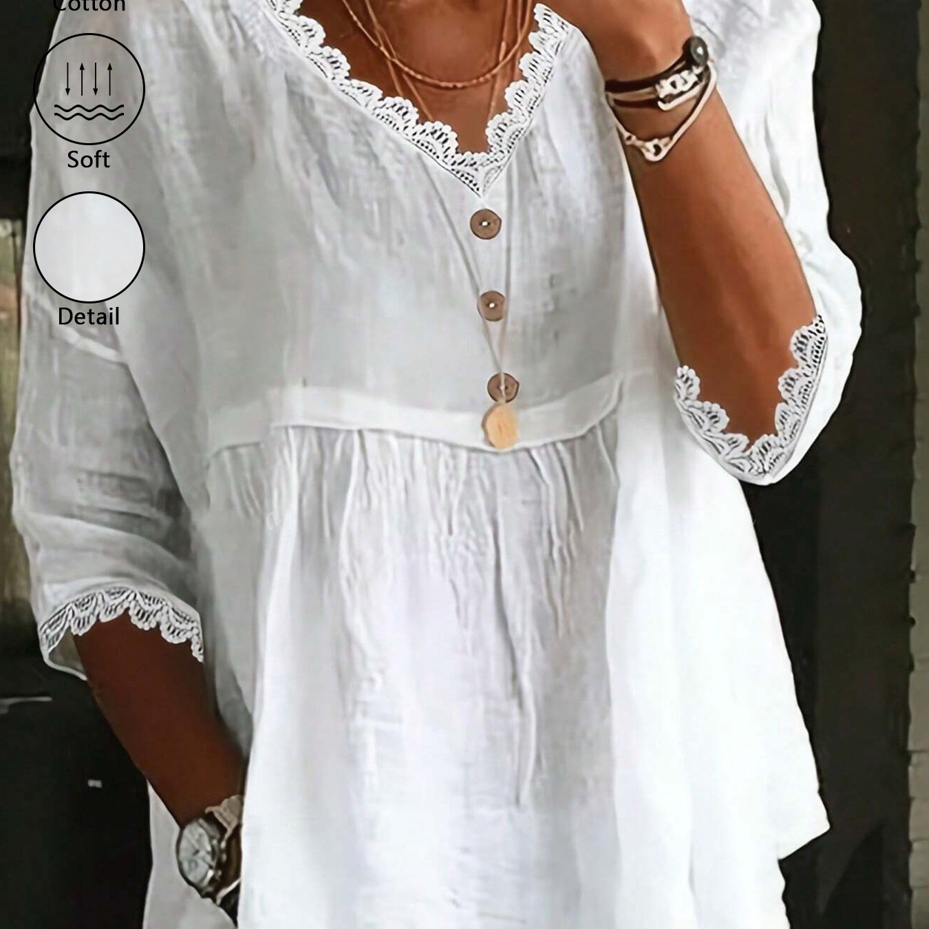 Image of Women's Classic 100% Lace Trim V-neck And Cuff Twist Button Casual 3/4 Sleeve Shirt, Wearable , Summer, Autumn, And Winter, Elegant Top With Natural Waist , Daily Solid Color Fitted Versatile Top