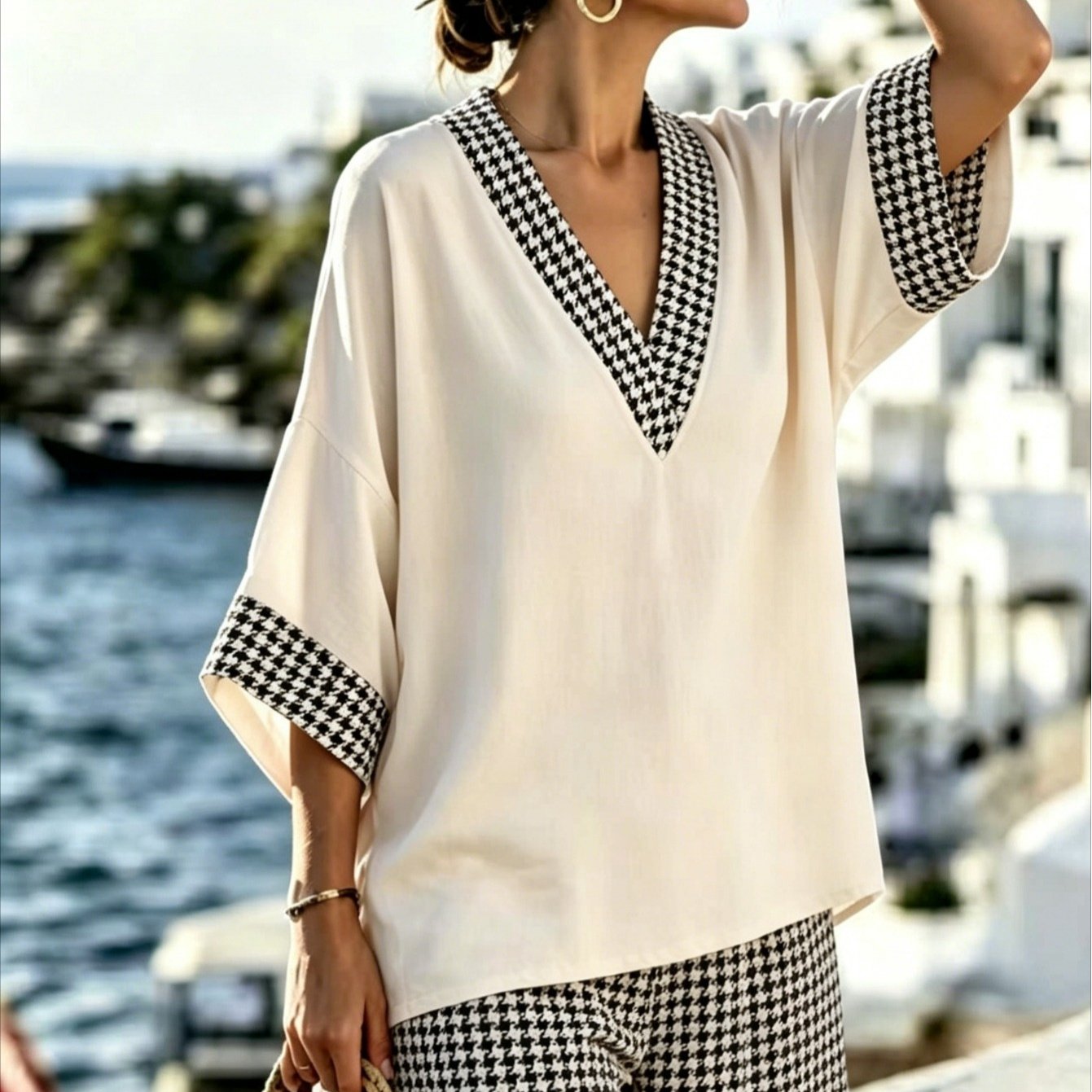 Plus Size 2026 New 2d Women' Oversized , Summer Short Sleeve Set, Mother's Day, Graduation Season, Summer, Beach, Vacation, Casual, Wide Striped, Trimmed Top And Shorts Top , Washable