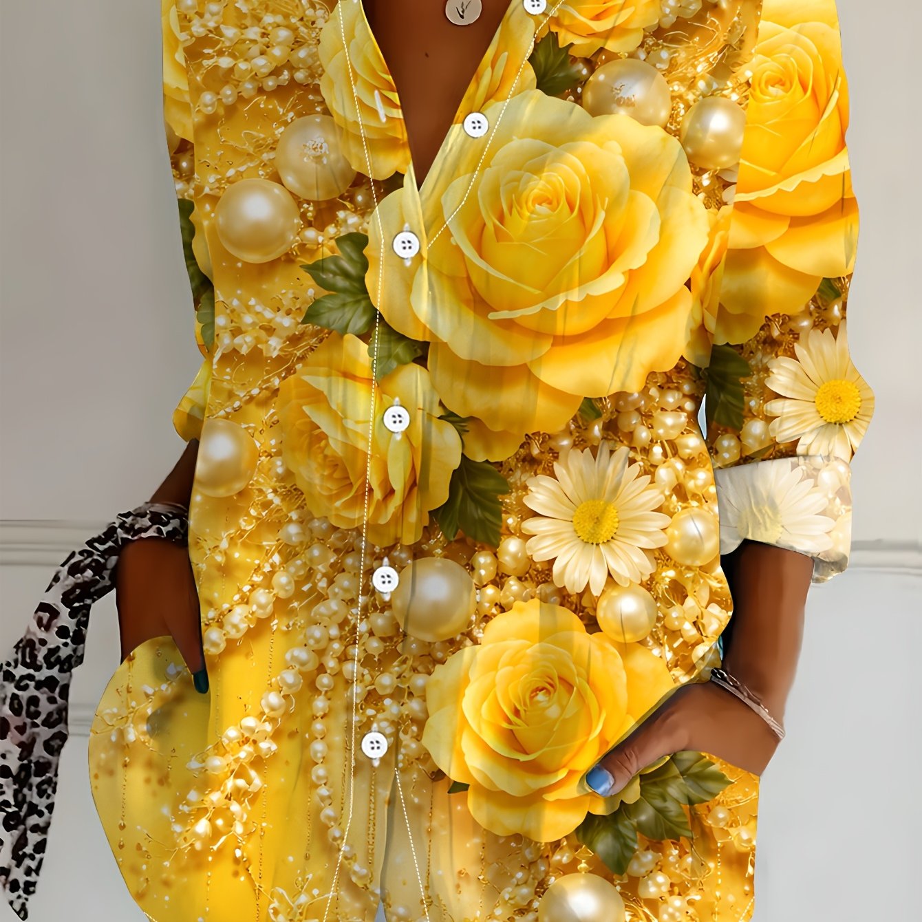 TEMU Plus Size Women's Long Sleeve Shirt With Floral, Loose Printed Shirt In Pearl , Mid-length Women's Long Sleeve Collared Shirt With Bright