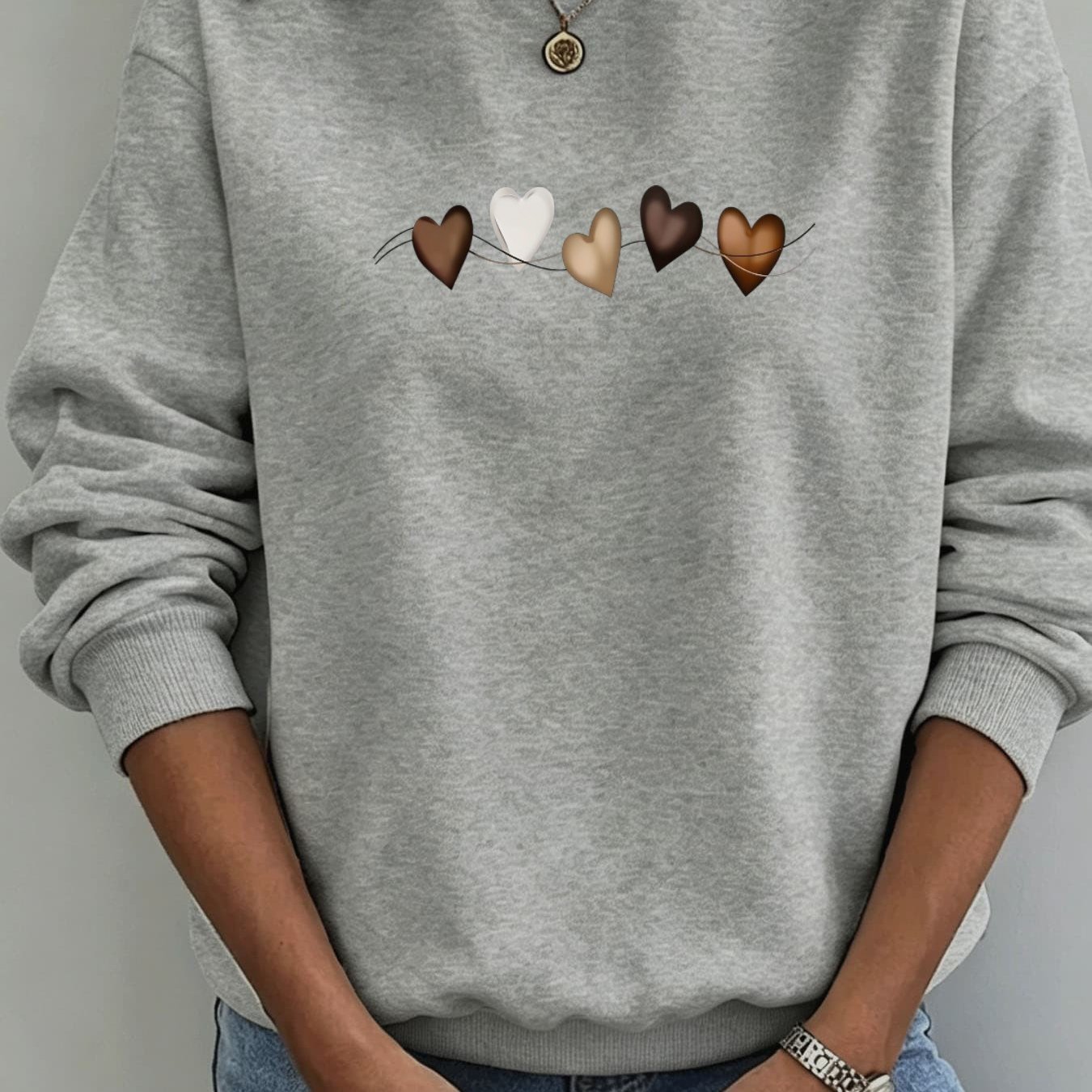 Image of Autumn Winter New Pullover: Women's Loose Straight Casual Sweatshirt With Heart Print, Soft Breathable For Daily Wear, Round Neck Long Sleeve