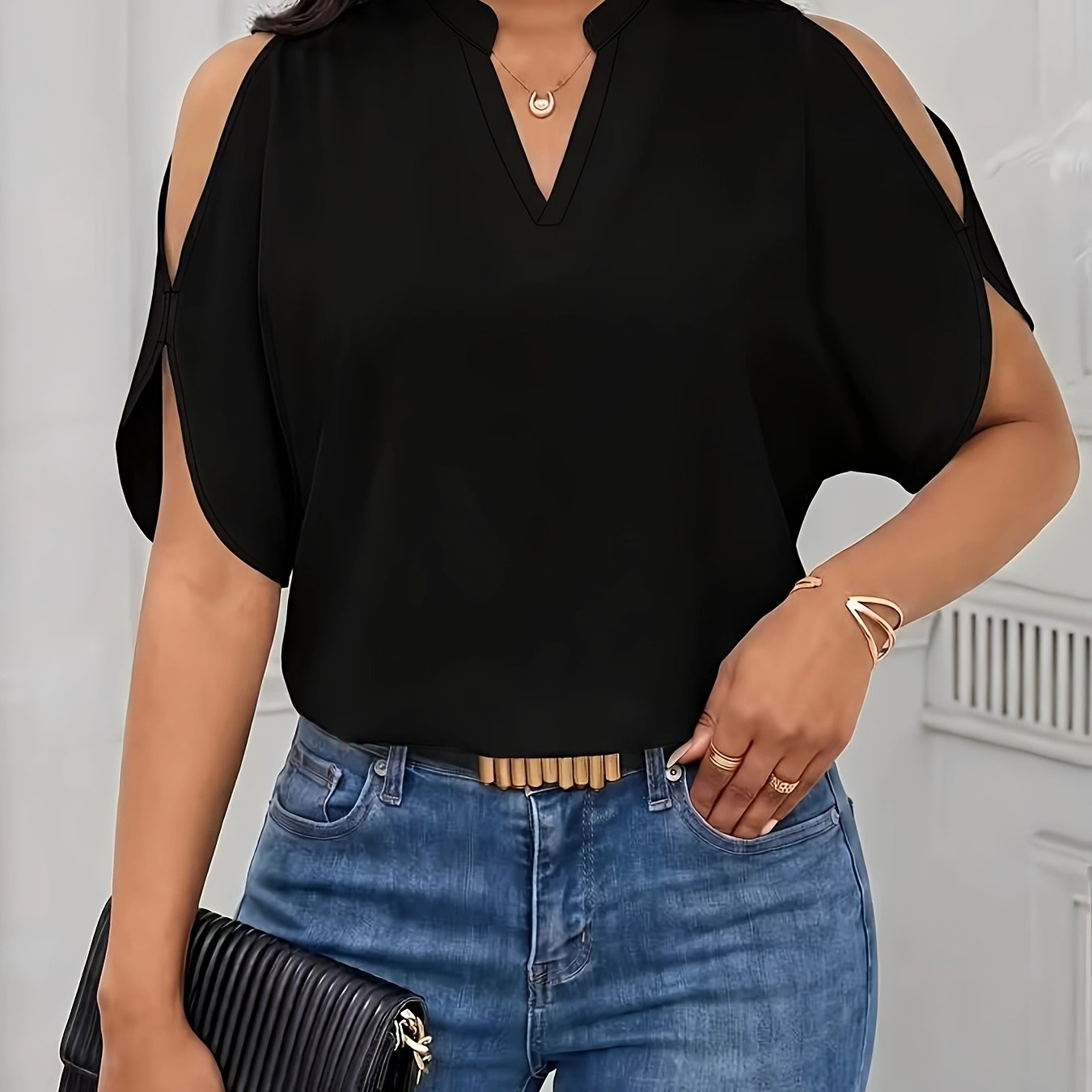 TEMU Elegant Commuter Heart-neckline Off-shoulder Short-sleeve Blouse