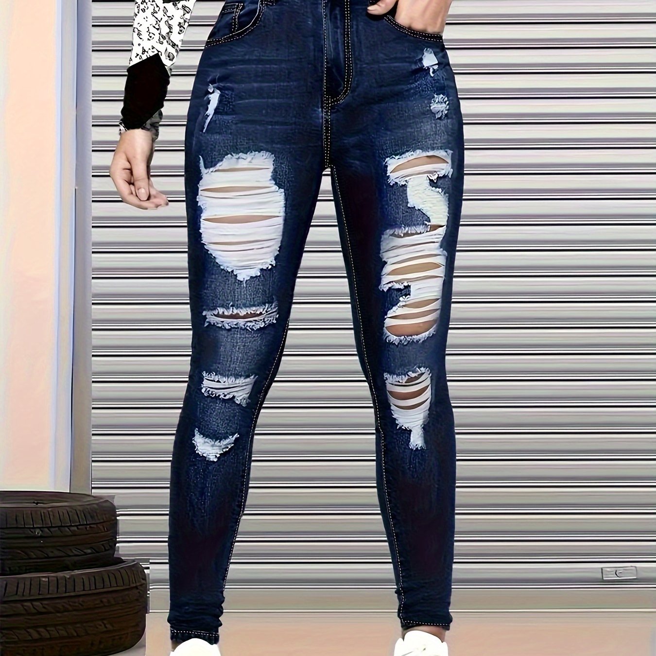 Image of Women's Jeans, Blue Frayed Skinny Jeans, Distressed Acid Wash Denim Trousers