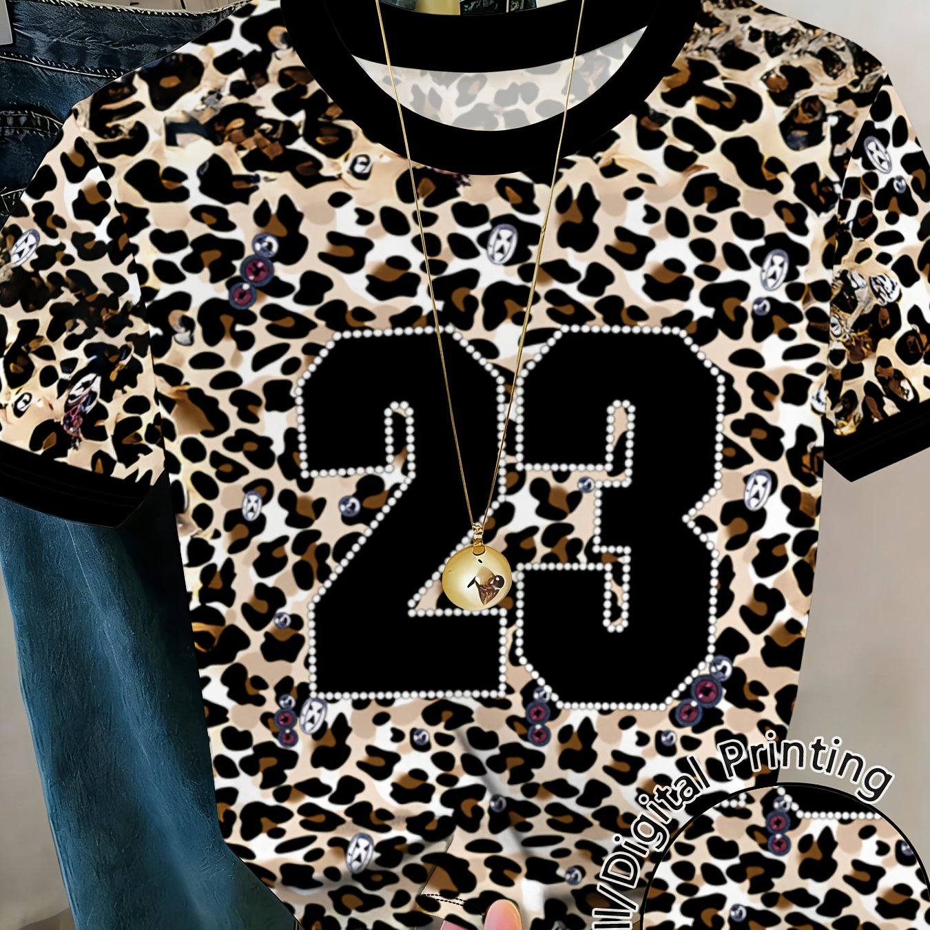 TEMU Leopard Print Number 23 T-shirt - Edgy Streetwear Baseball Top With Number 23, Round Neck Short Sleeve Shirt, Machine Washable Casual Blouse For