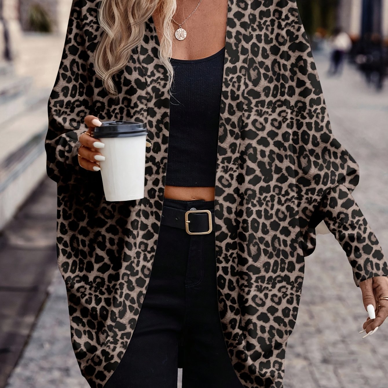 E-shop Damen Französischer Eleganter Mode Leopard Print Herbst Winter Langarm Mantel
