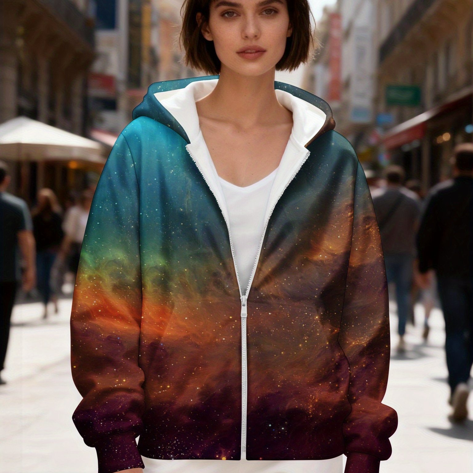 TEMU Plus Size, Women's Cardigan, Nebula Universe Starry , Casual Women's Zipper Sweatshirt, Fashionable Detail Knitwear For , Autumn/winter