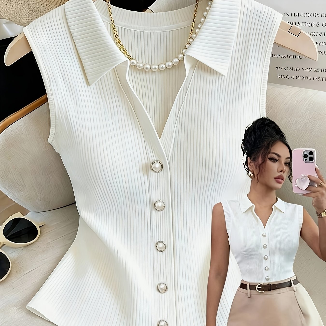 TEMU Women' Ribbed Sleeveless Shirt, Elegant Slim Fit Button-up Summer Vest, Casual Office Collar Blouse, High-end Pearl Button Shirt