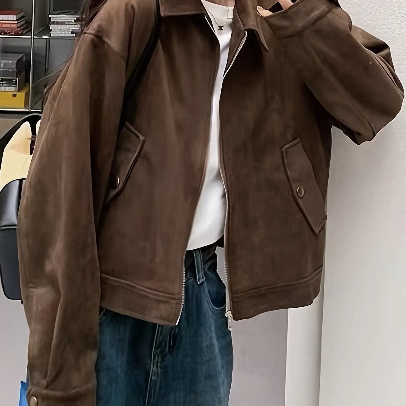 TEMU 【新作】春・秋向け アメリカンスタイル 付き スエードジャケット レディース クール 遊び心 コーヒーカラー レトロ ショート ゆったり トップス