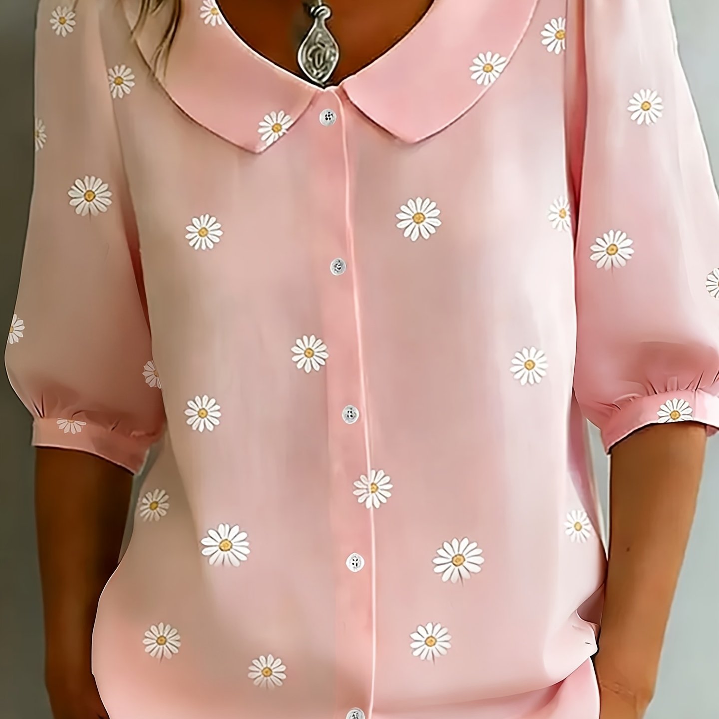 TEMU Plus Size - French Retro Multicolor Tulip Peter Pan Collar Puff Mid-sleeve Shirt, Women's Breathable, Lightweight, Casual Loose Shirt,