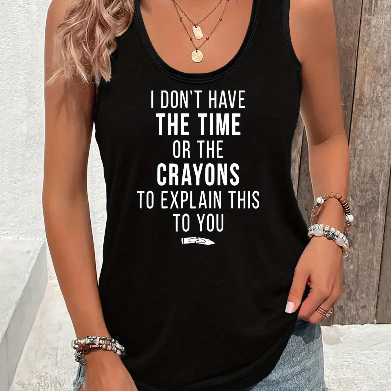 TEMU Plus Size, Plus Size Women's Sleeveless Vest - Funny "'t For The " Slogan Print, Breathable Sleeveless Tank Top, Casual Layering Piece, Black