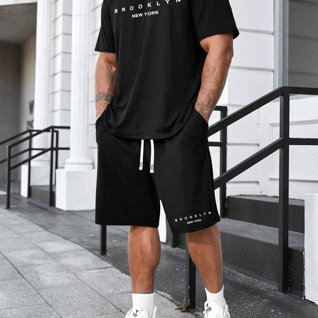 TEMU Plus-size Men's T-shirt Set With Short Sleeves And Drawstring Casual Shorts, Suitable For Spring And Summer, Plus Size