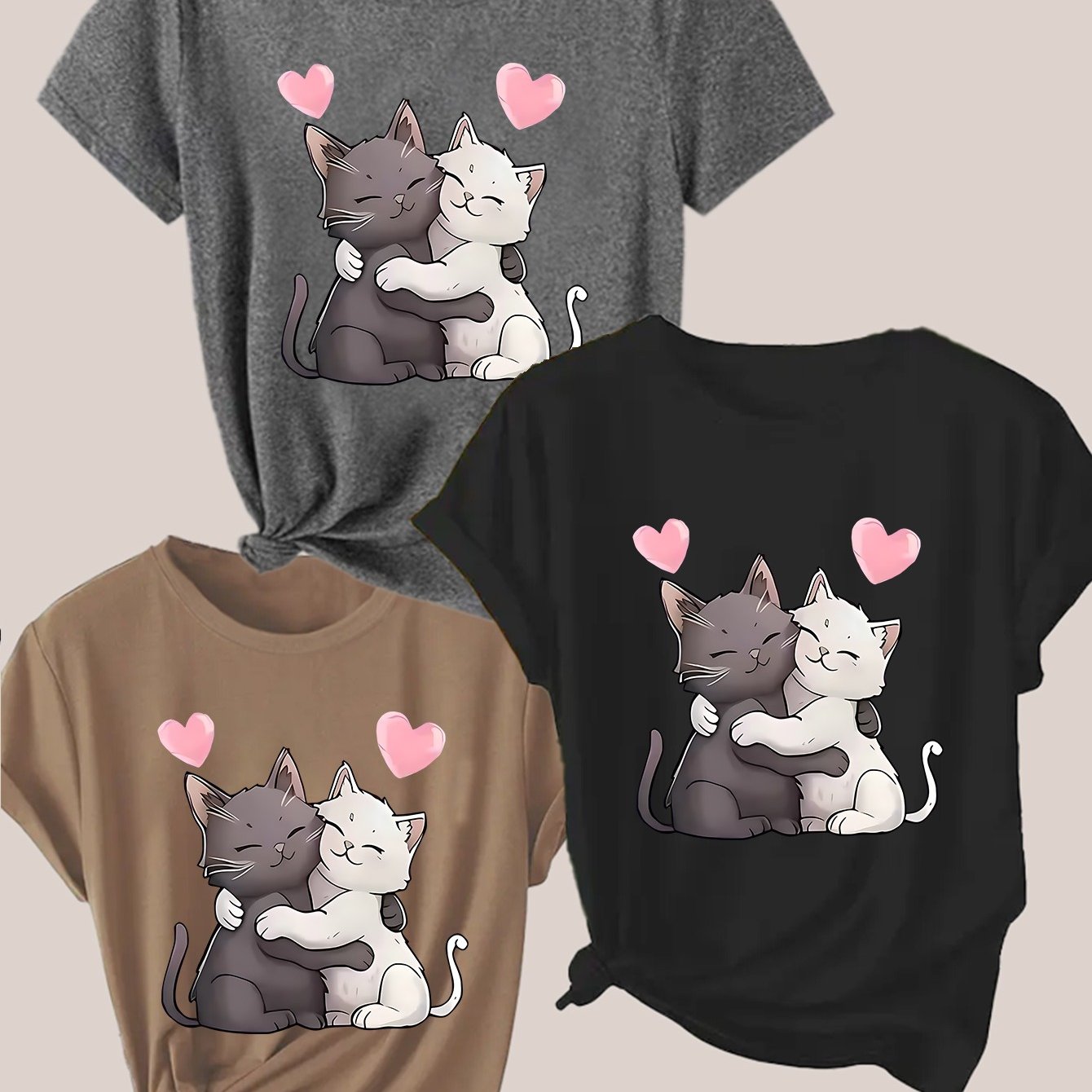 TEMU Cute Cat Hug Design, Adorable And Cozy. 3pcs Set Of Women's Short-sleeve T-shirt Shirts With Stretch Tops