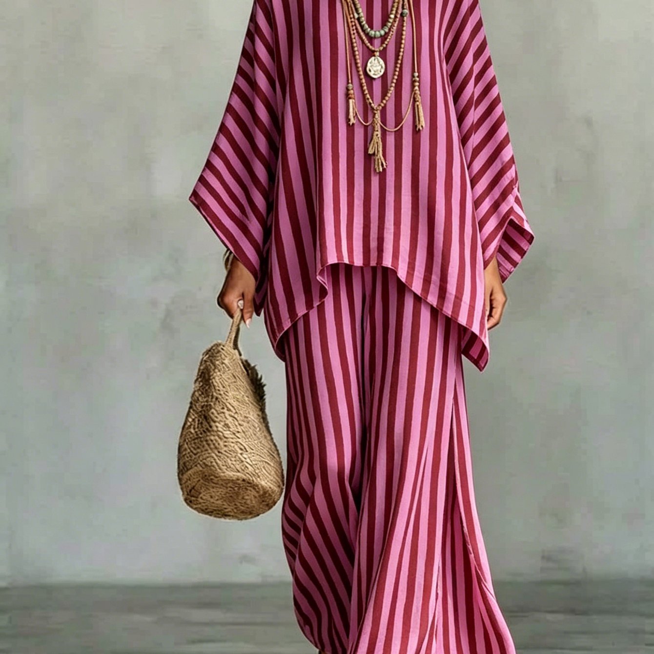 Image of Women's Top & Wide Leg Pants 2pcs Set, Summer Style, Contrast Color Vertical Stripes Crew Neck, Loose Irregular Hem Top & Relaxed Wide Leg Pants, Lazy , Breathable Drape Fabric Hides &