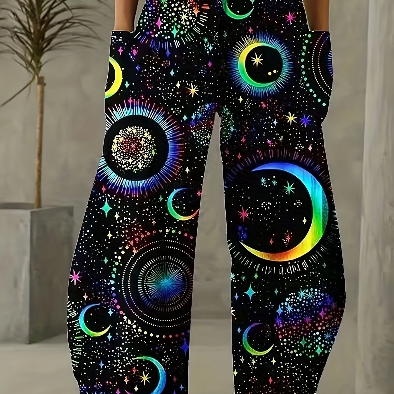 Plus Size Casual Pants Women's Plus Holographic Moon Star - Temu