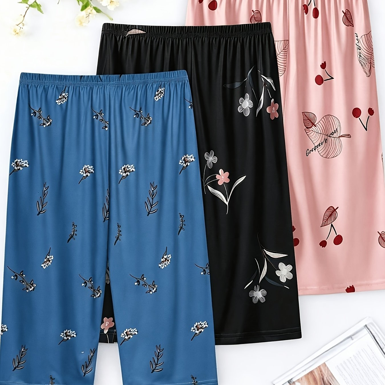 TEMU Plus Size 3-pack Casual Floral Print Loose Wide-leg Comfortable Capri Pants Home Pants