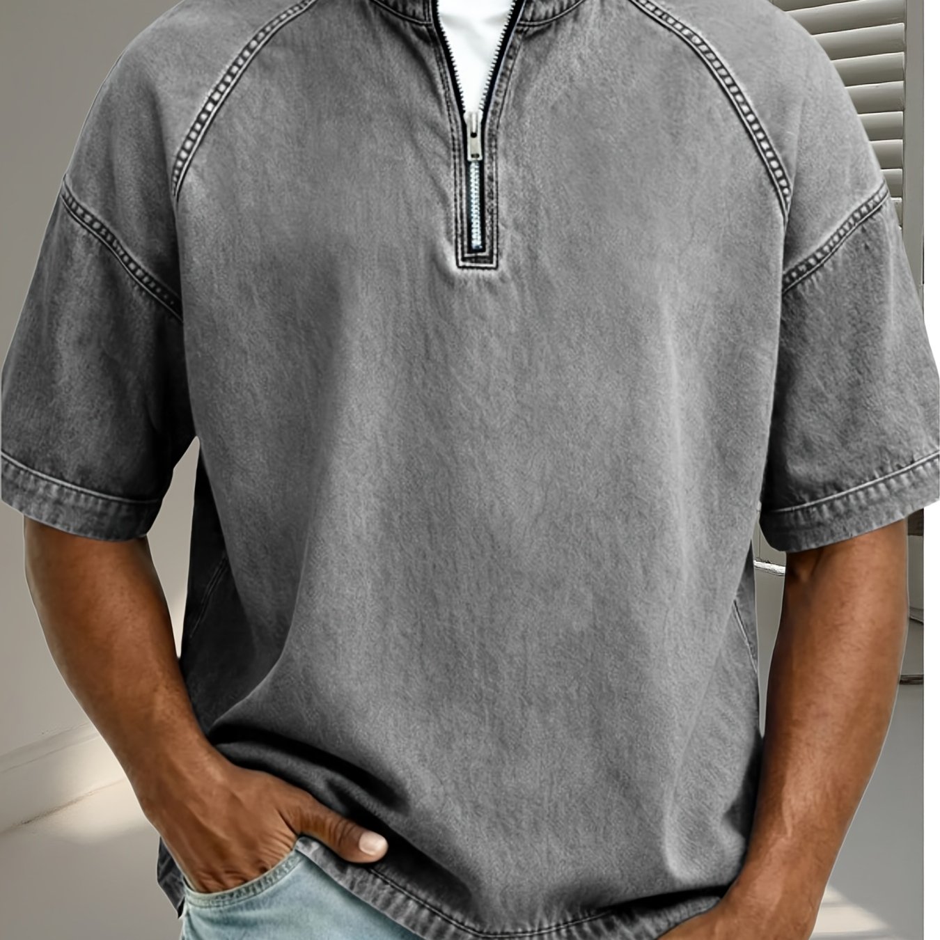 Image of Plus Size Men's Half Zip T-shirt Stand Collar Faux Denim Short Sleeve T-shirt, Casual Loose Washed Jean Tops Tee L-5xl Vintage Zipper Tshirts For Streetwear And Outfits