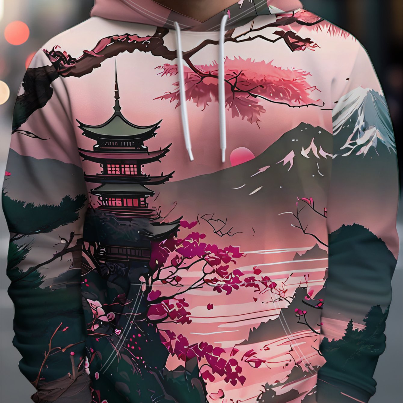TEMU Men's Hooded Sweatshirt, Spring/autumn Japanese-style And Cherry Print, Loose Fit Drawstring Sport Jacket, Youth Casual Polyester Pullover Top,