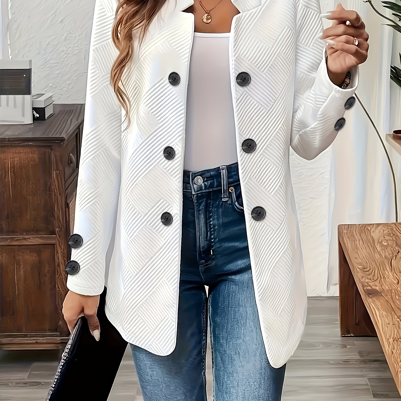 New Fashionable Solid Color Textured Double-button Decorative Pocket Long-sleeve Coat