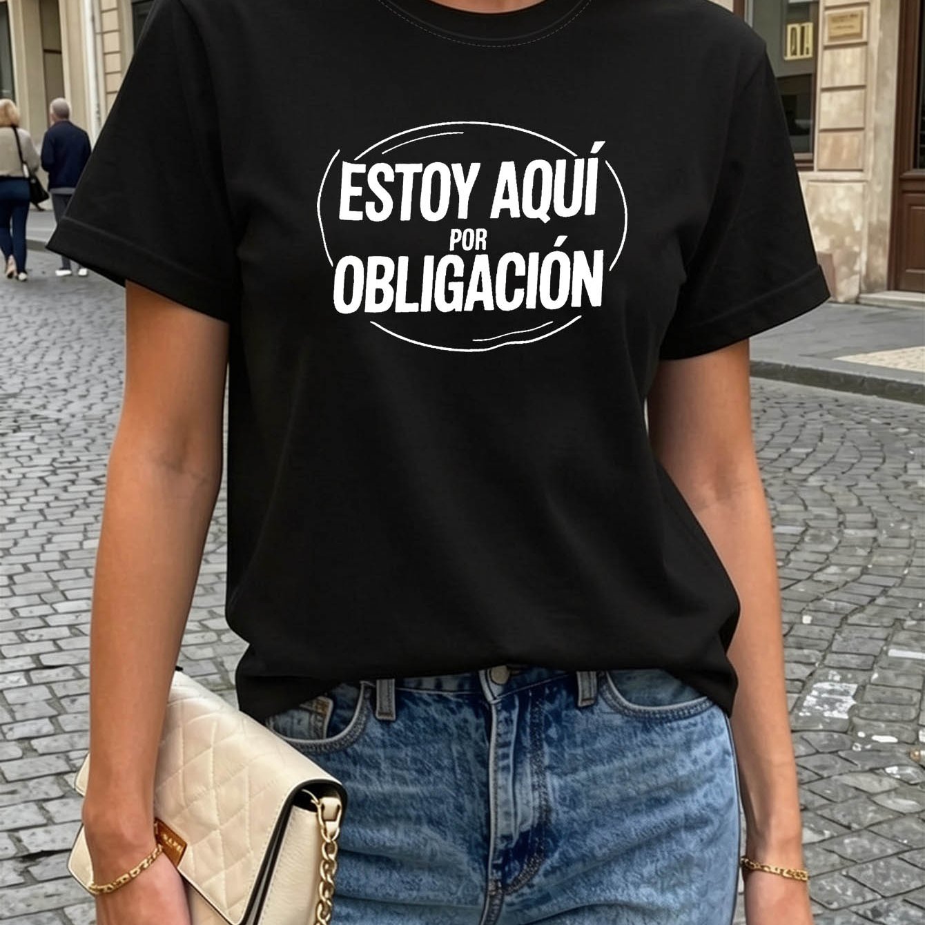 TEMU Camiseta para mujer con estampado en español ' aquí por obligación', de diario, y humorístico, superior casual y versátil