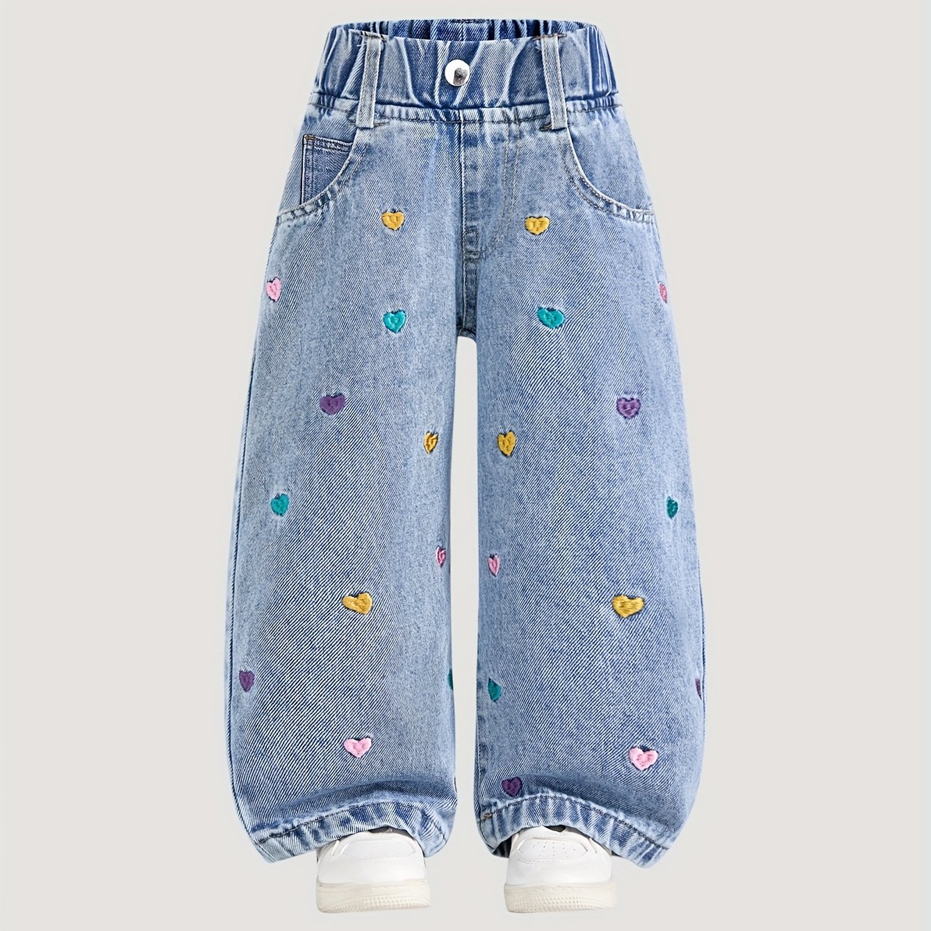 Girls' Multicolor Small Heart Embroidery Pattern Straight Jeans, Trendy And Versatile Straight Jeans, Loose Fit, Comfortable Fabric, Wear, Back-to-school Trousers, Elastic Waist For , Pants