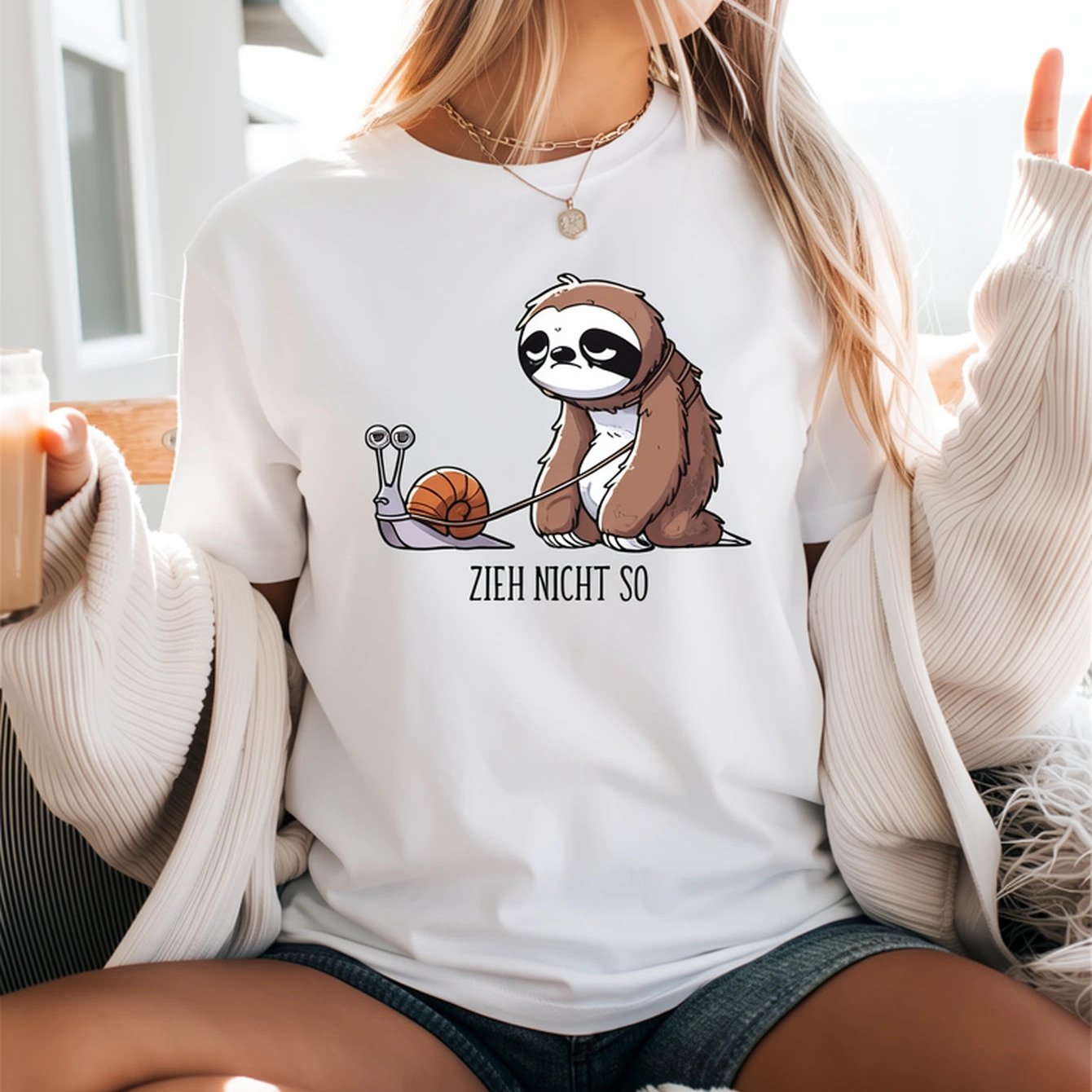 Image of Plus Size, 1pc, Women's Casual Graphic Tee - Cute Sloth & With Zieh Nicht So Print Soft & Comfortable Round Neck Short Sleeve T-shirt, Perfect For Casual Attire Or Gift , Everyday Tshirt