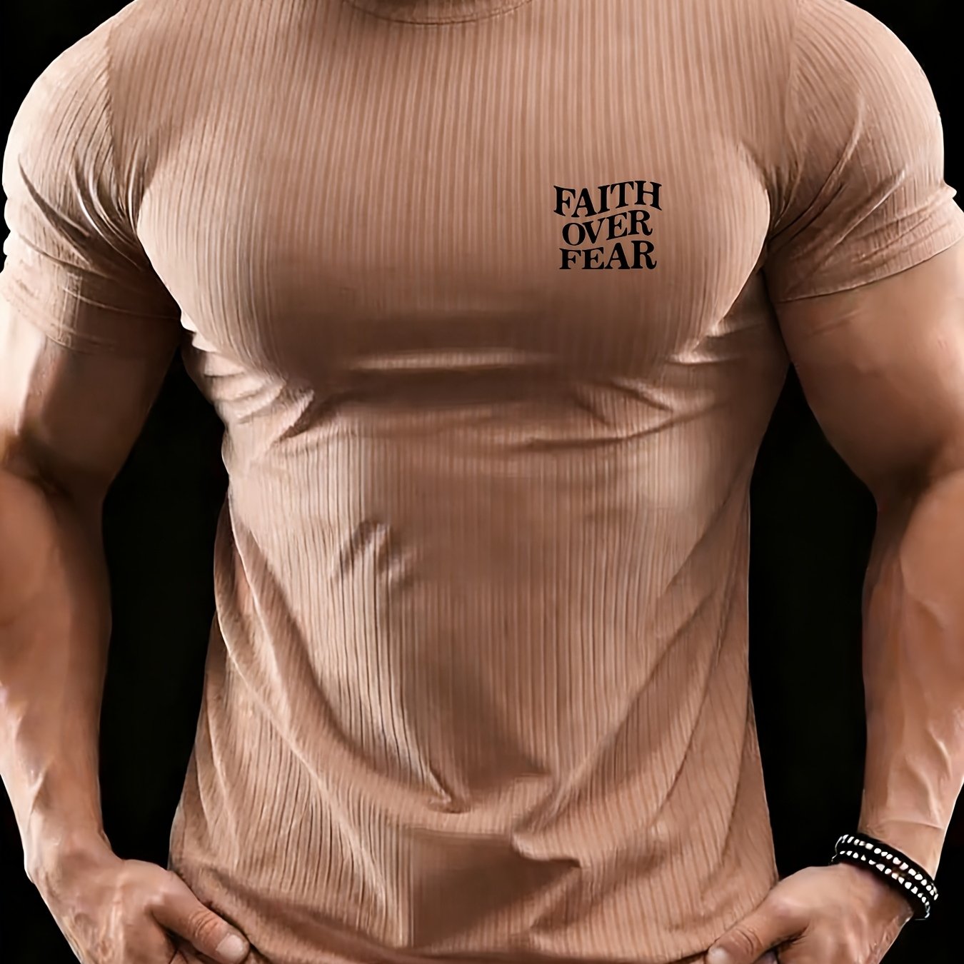 TEMU Six-color Men's Summer British Style Simple And Fashionable Casual Crew Neck Printed T-shirt, Faithoverfear Logo For Daily And Casual Wear, Gift
