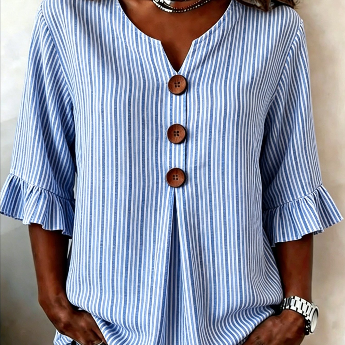 Plus Size, Large Size Women's V-neck Autumn Fabric Beige With Brown Stripes Casual Top, Suitable For Daily Wear, Is The Gift For Mothers And Sisters