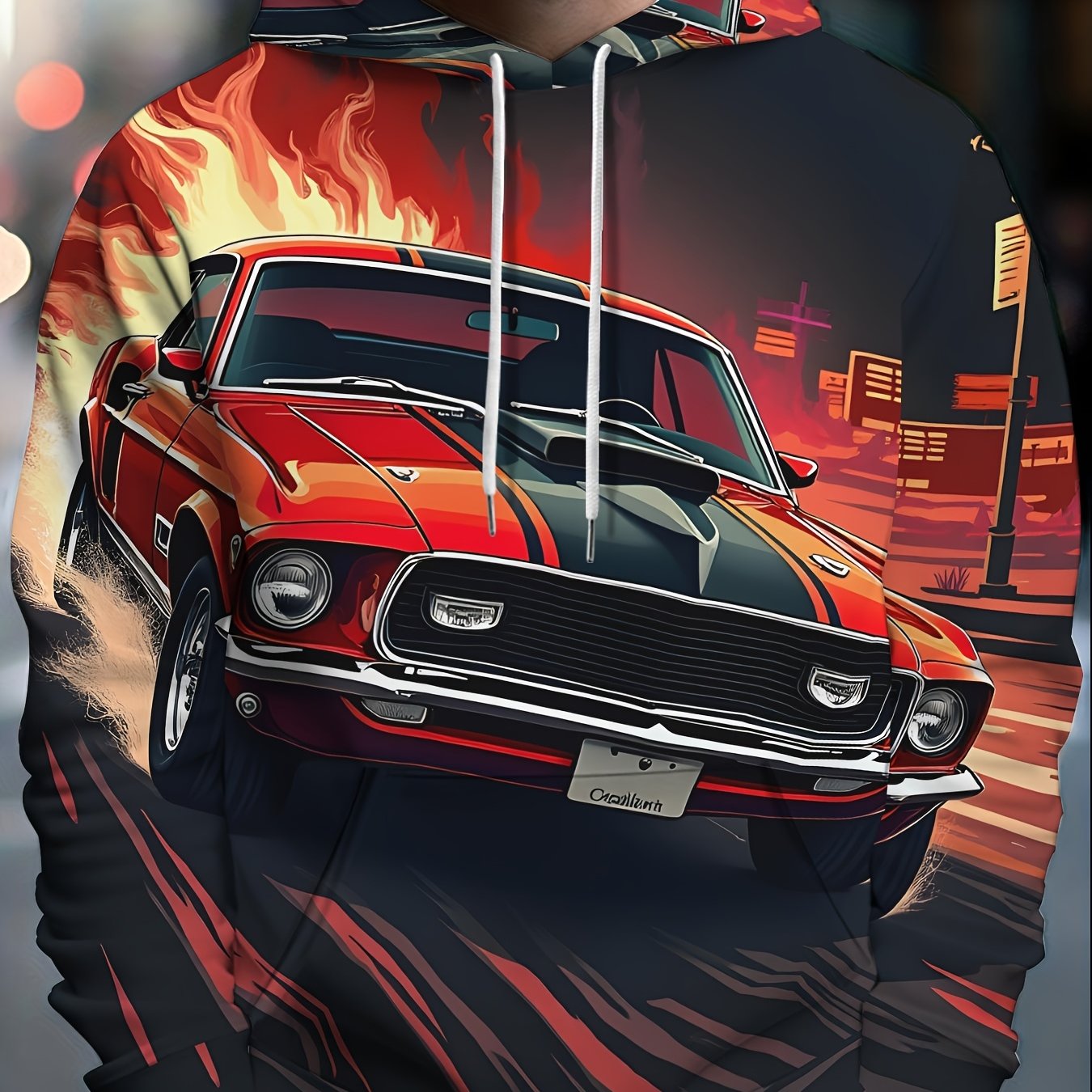 TEMU Men's Fashion Long-sleeve Hooded Sweatshirt, Featuring A Unique Print Of A Sports Car. The Fabric Is On The Skin, Making It A Stylish Everyday
