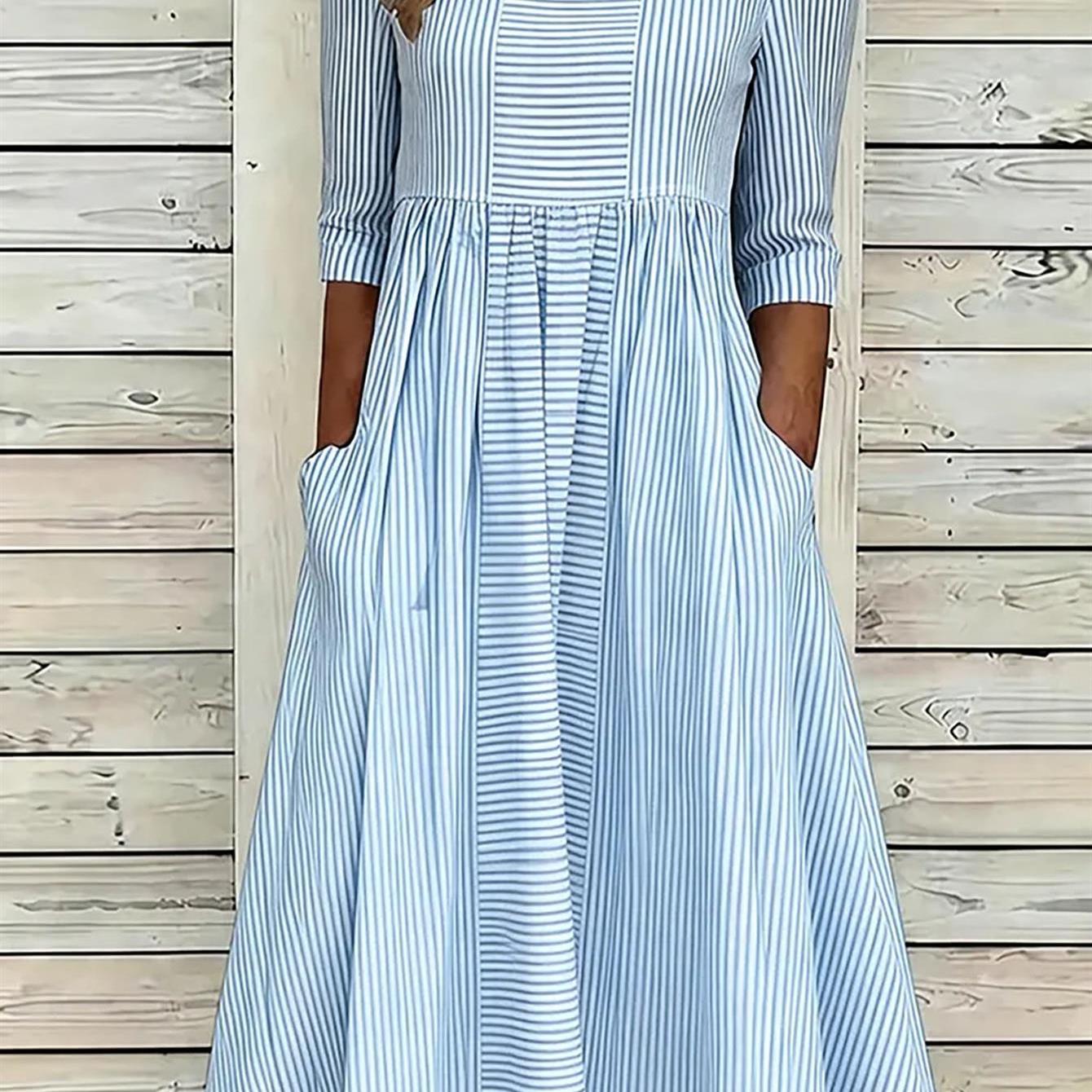 Plus Size, Plus Size-women's Long Dress( Mid-sleeve, Side Pockets) -crew Neck, Comfortable And Breathable Fabric; Blue Striped Pattern; Ideal For Summer, Travel/vacation, And Casual Attire