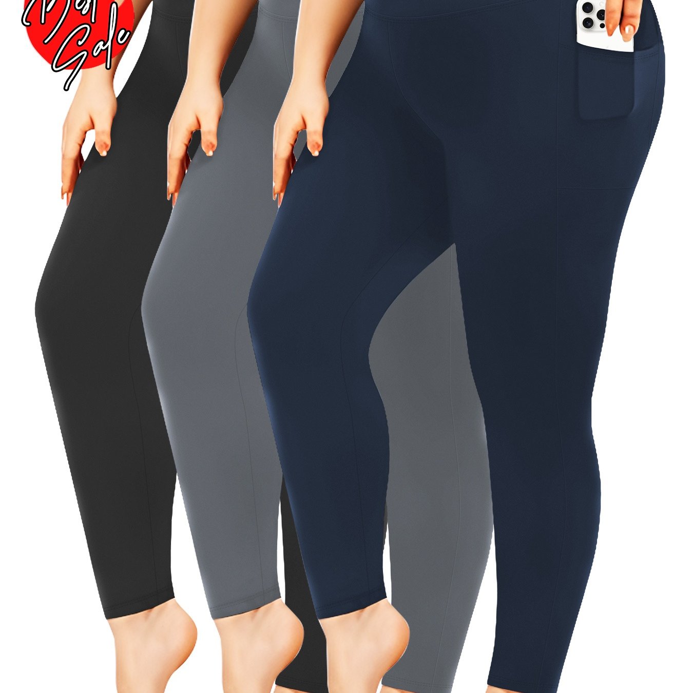 Plus Size - Set Of 3 - Plus Size 9-point High-waisted Pants With Side Pockets - And Summer Style, High Waist For Tummy Control, Suitable For, Workouts, And, Without Being Tight, A