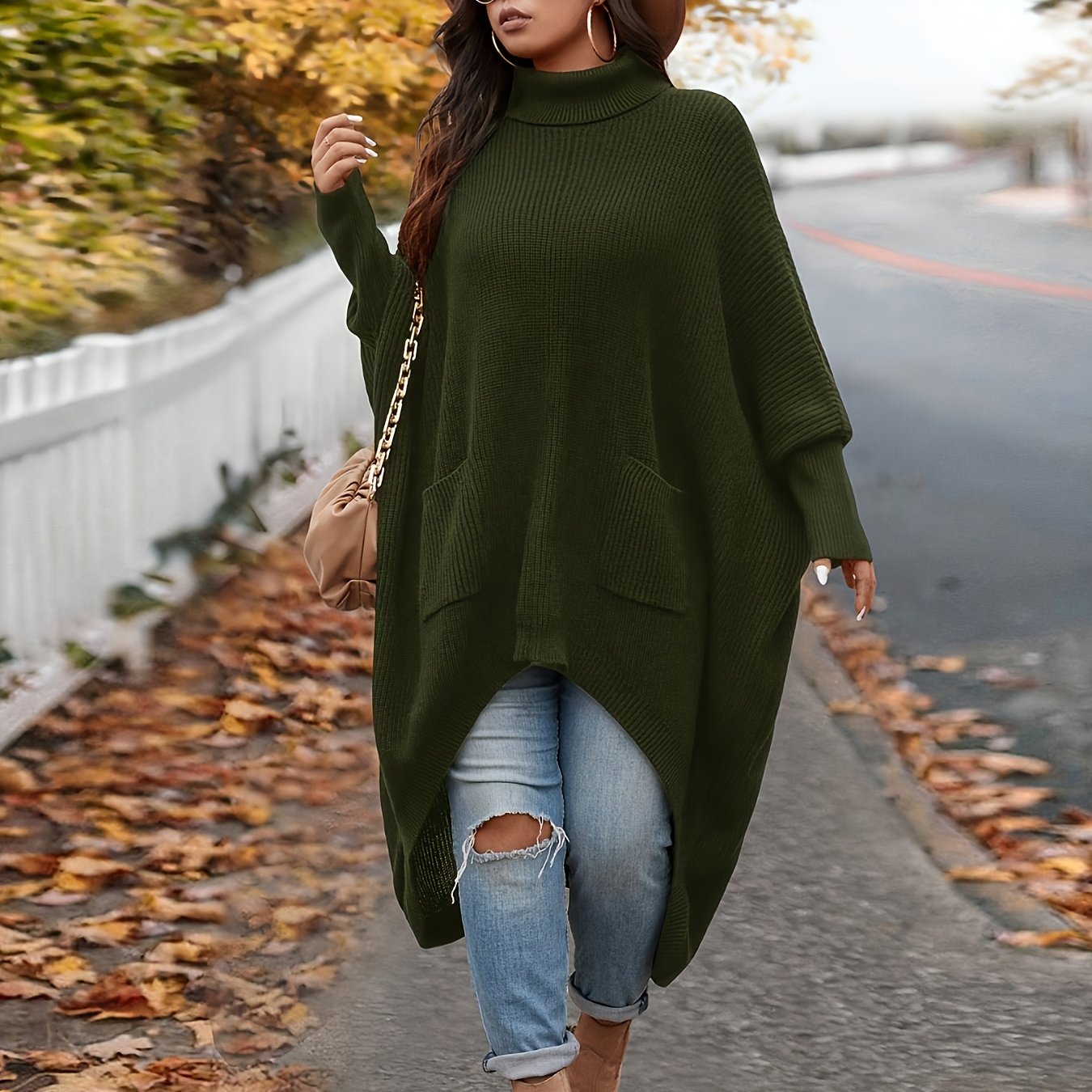 TEMU Casual Sweater With Pockets And Asymmetrical Hem, For Parties, Music Festivals, Home Decor, Back-to- Events, Gifts, And Shopping. Winter