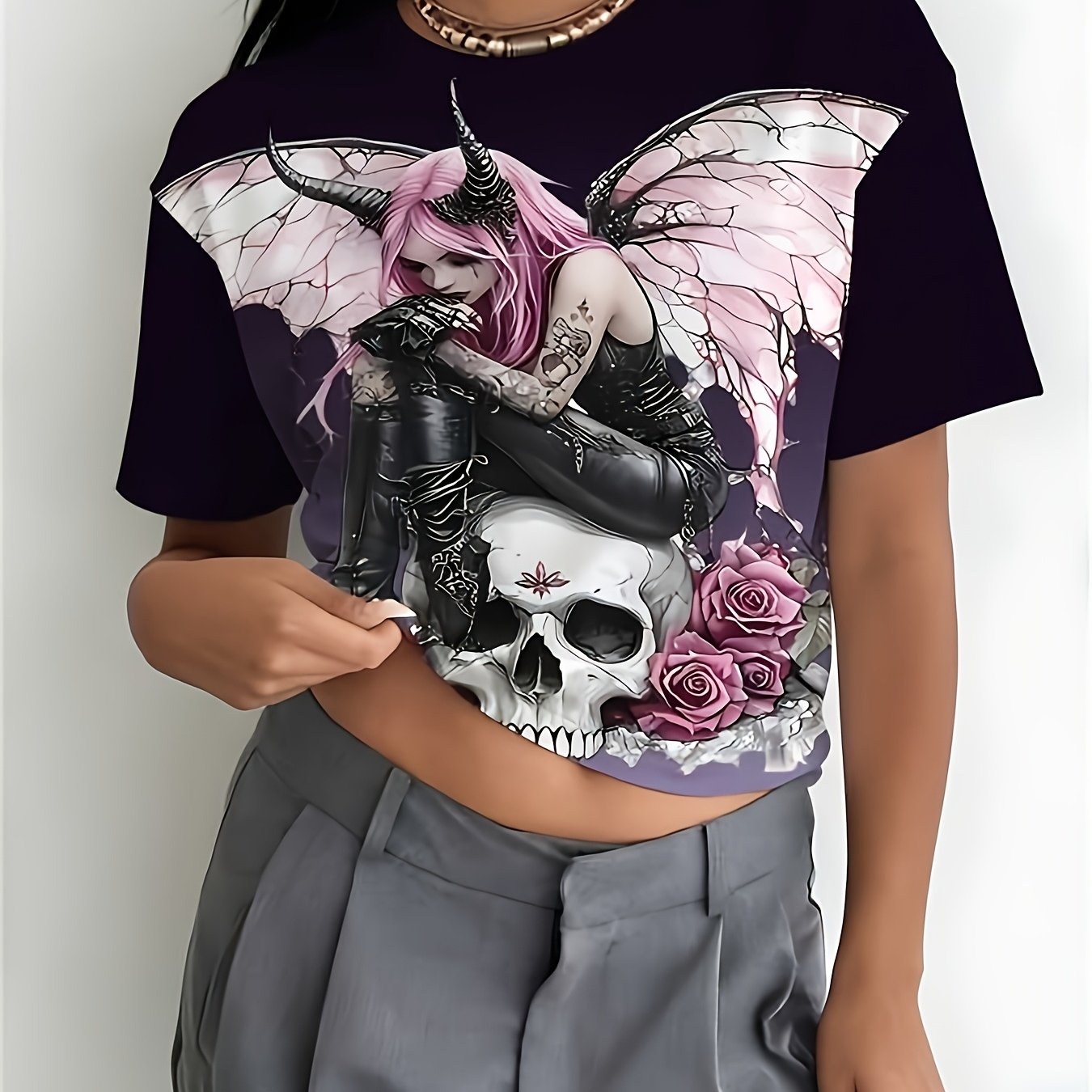 TEMU A Women's Dark Gothic Pink-haired Demon With , Skull And Rose Print, Full-print Crewneck Casual Sport T-shirt. The Fabric Is Soft, Comfortable,