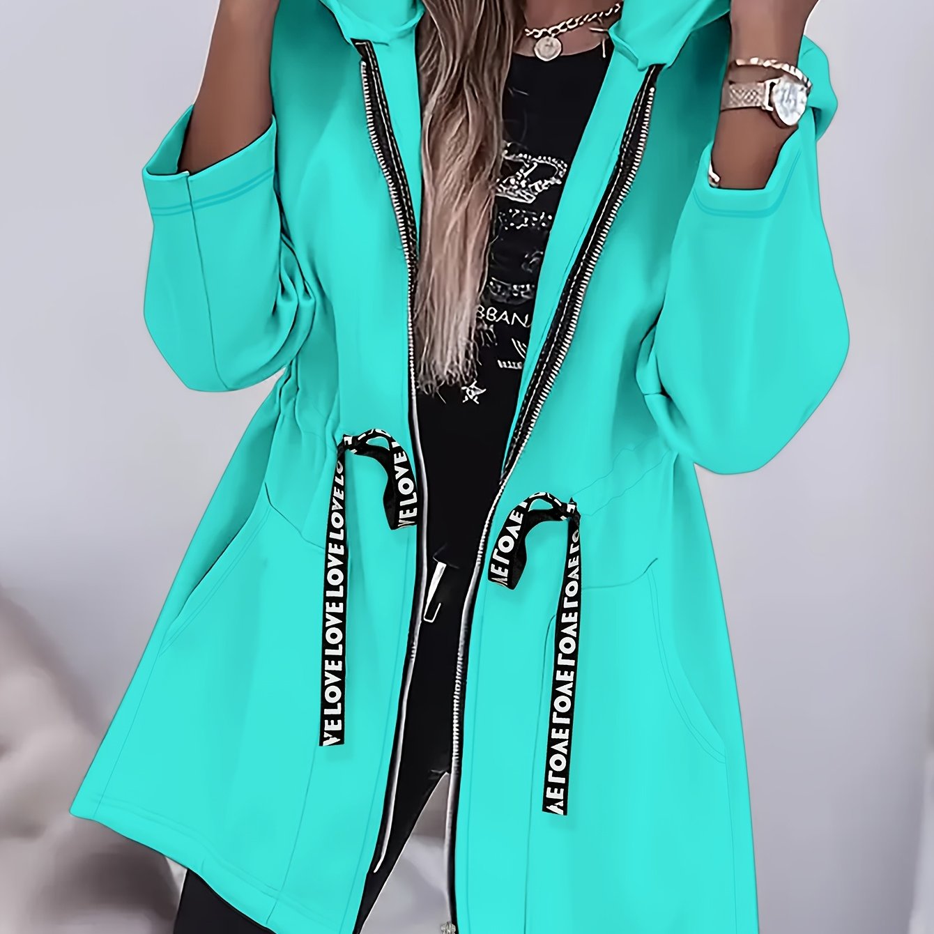TEMU Veste à capuche décontractée pour femme avec bande élastique et poches zippées - Motif « LOVE » en anglais avec cordon de serrage, veste à