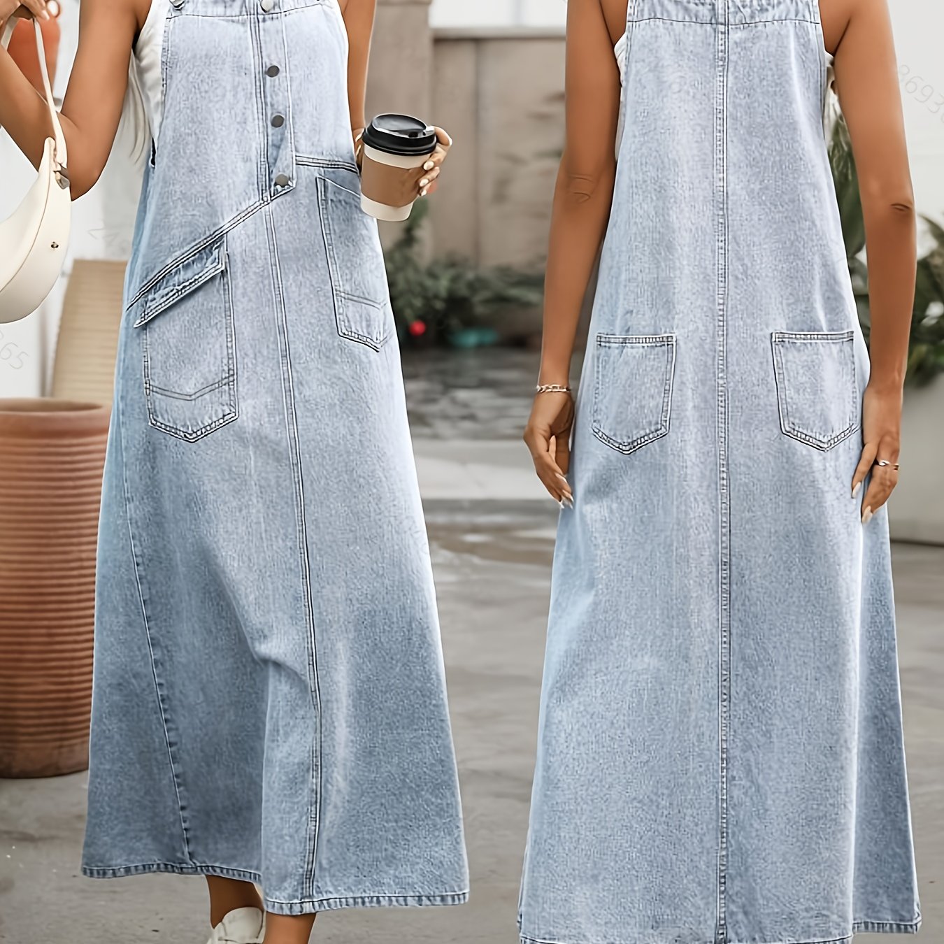 Women's Button Half-zip Pocket Casual Denim Dress