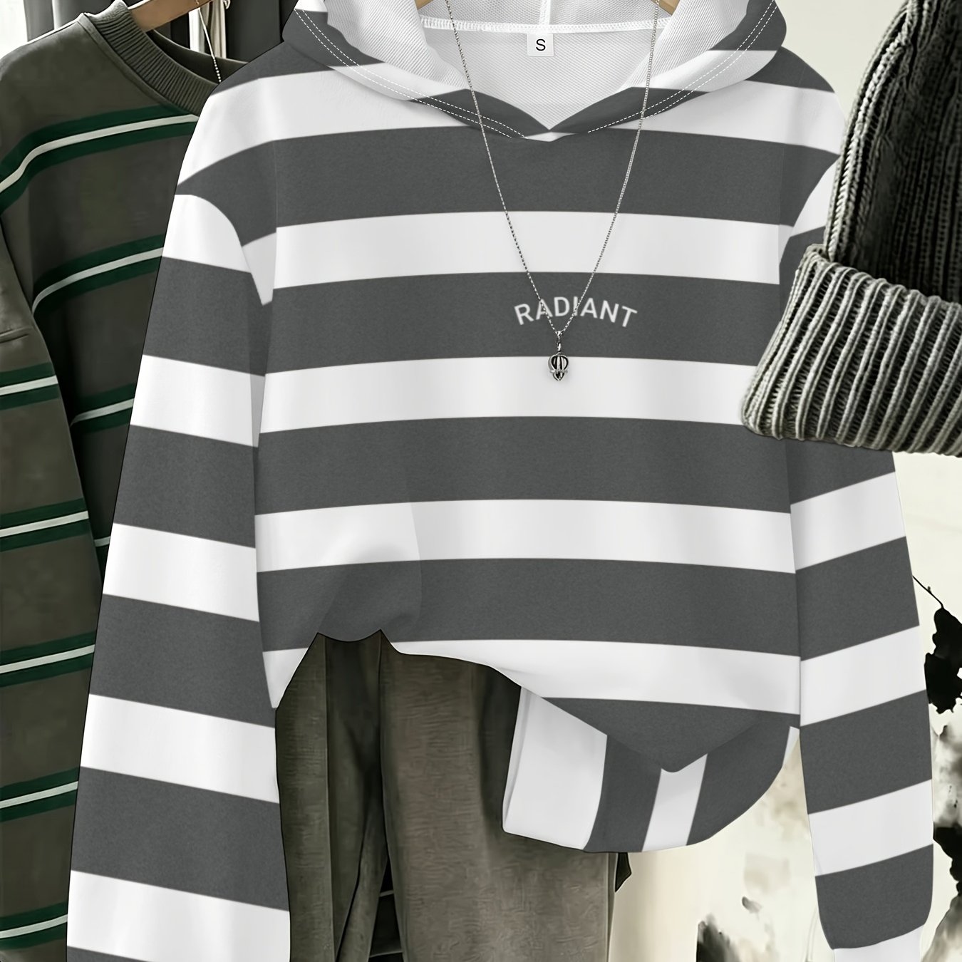 TEMU Striped Women's Lightweight Hooded Sweatshirt Long Sleeve Printed Top For Spring And Autumn